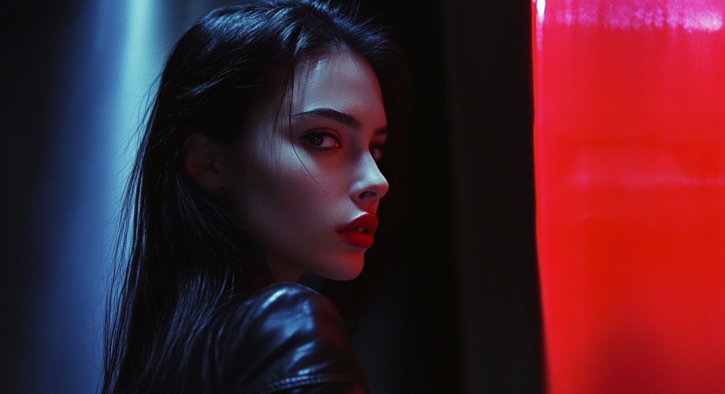 Woman with dark hair in a leather jacket, lit by blue and red lights.