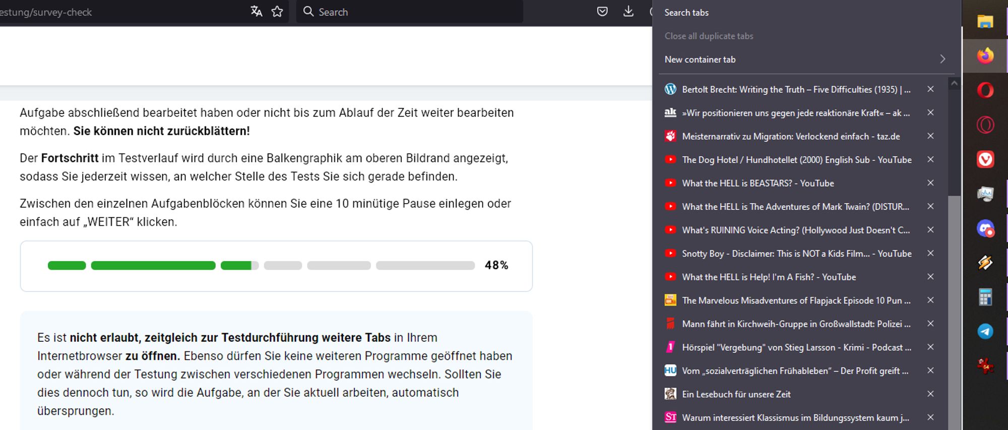 Screenshot from a home assessment test telling me, that I mustn't have multiple tabs open and mustn't alt tab out of the browser to open another app like the allowed pocket calculator.