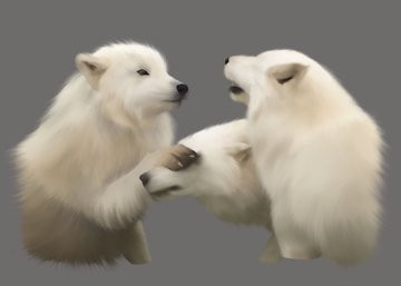 A semirealistic digital drawing of three artic wolves, one of them it's being silenced 