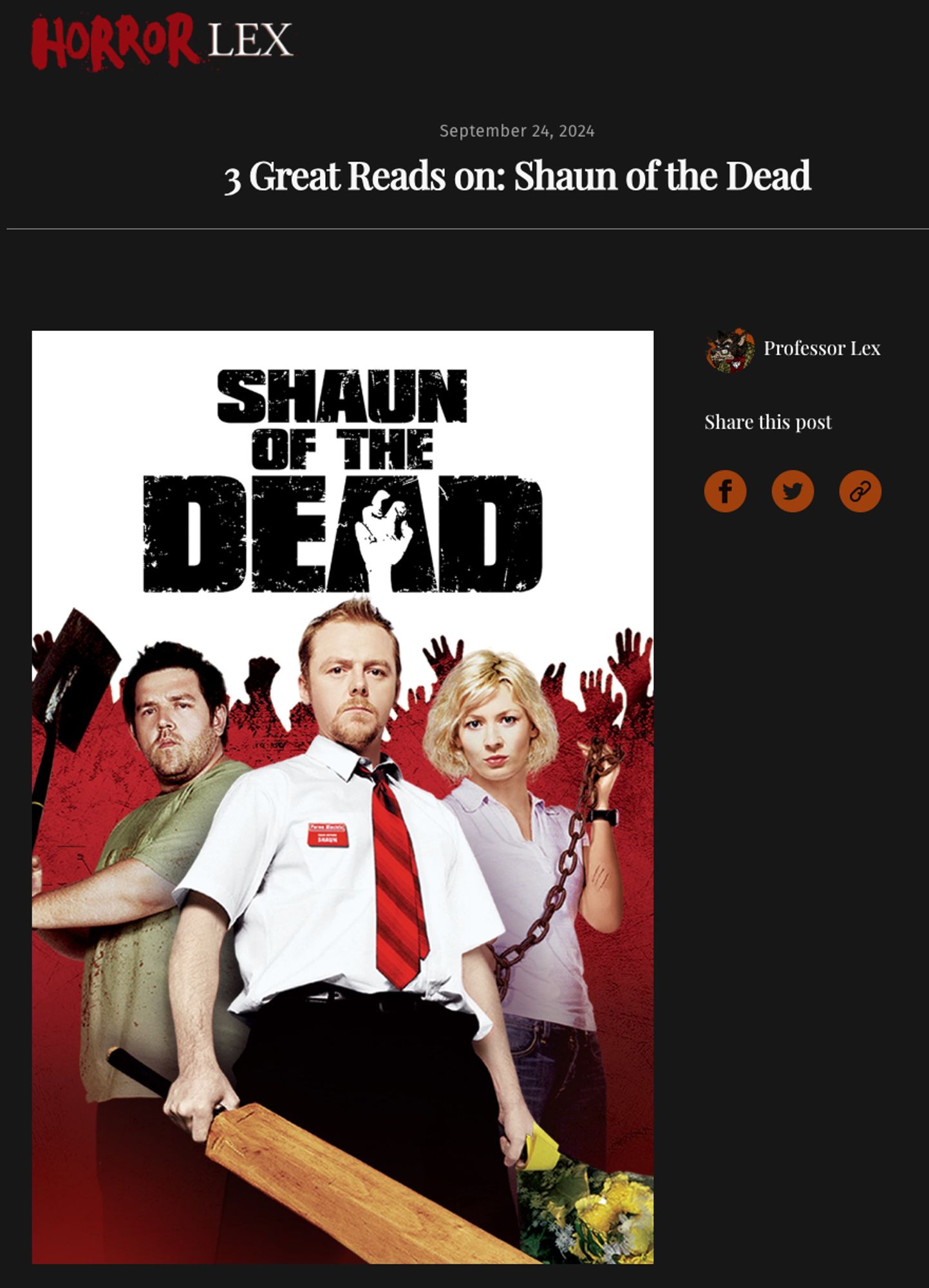 A screenshot of Horror Lex's blog post "3 Great Reads on: Shaun of the Dead," featuring one of the posters for the film depicting its three main characters, incl. Shaun (Simon Pegg) with his cricket bat, with a horde of zombie silhouettes in the background.