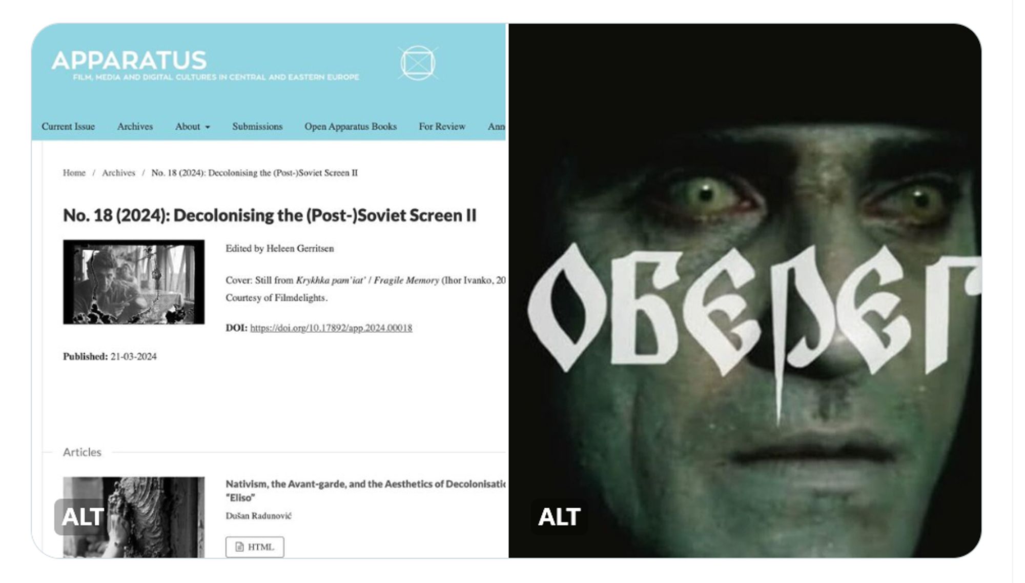 On the left, the online table of contents for Apparatus journal no. 18, "Decolonising the (Post-)Soviet Screen II," with a light blue banner header at the top. On the right, a title card from the Soviet film AMULET (1991), showing a close-up of a demon-like man's face with yellowish eyes, and the word "OBEDEG" in Cyrillic letters over the top of his face.