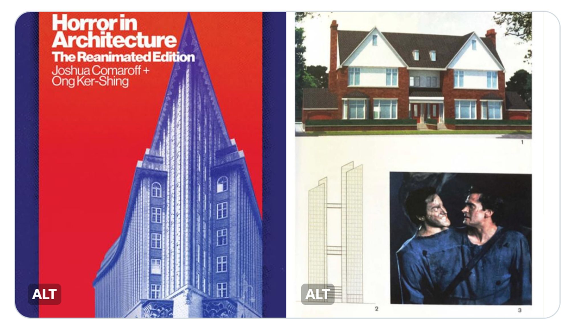 On the left, the cover of the new version of "Horror in Architecture," with a bright red background and a tall series of buildings in indigo. On the right, a page from the inside of the book (taken from the 1st edition) showing a duplex house, a twin-tower building drawing, and a still from ARMY OF DARKNESS in which Ash's evil twin has appeared connected to him.