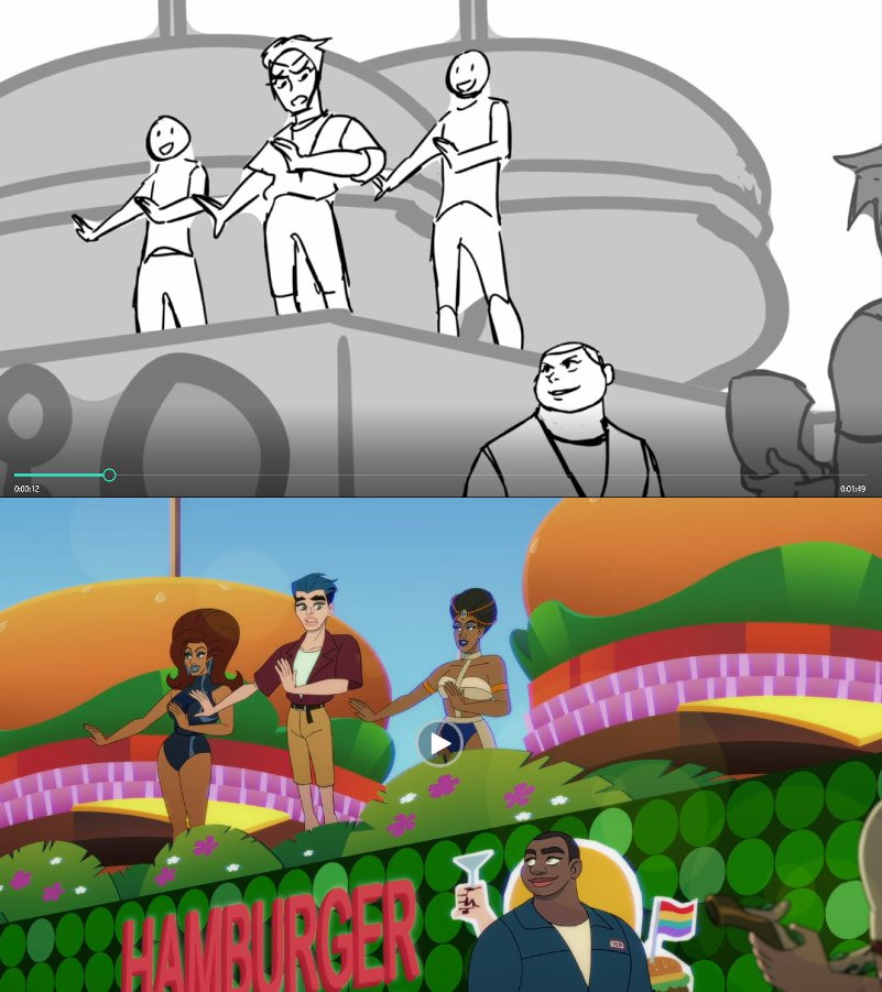 Storyboard panel of Twink dancing on stage with two other dancers while he looks below at Deb and Steve in the foreground. The shot below is the finished scene in Q-Force. 