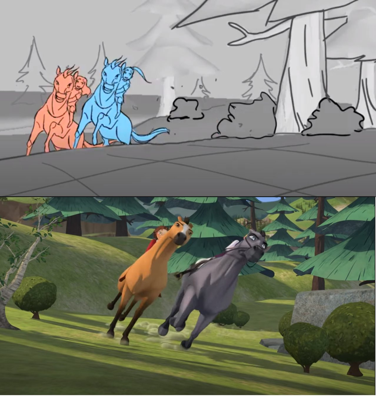 Storyboard panel of two girls on horses above the same finished scene from Spirit Riding Free. 