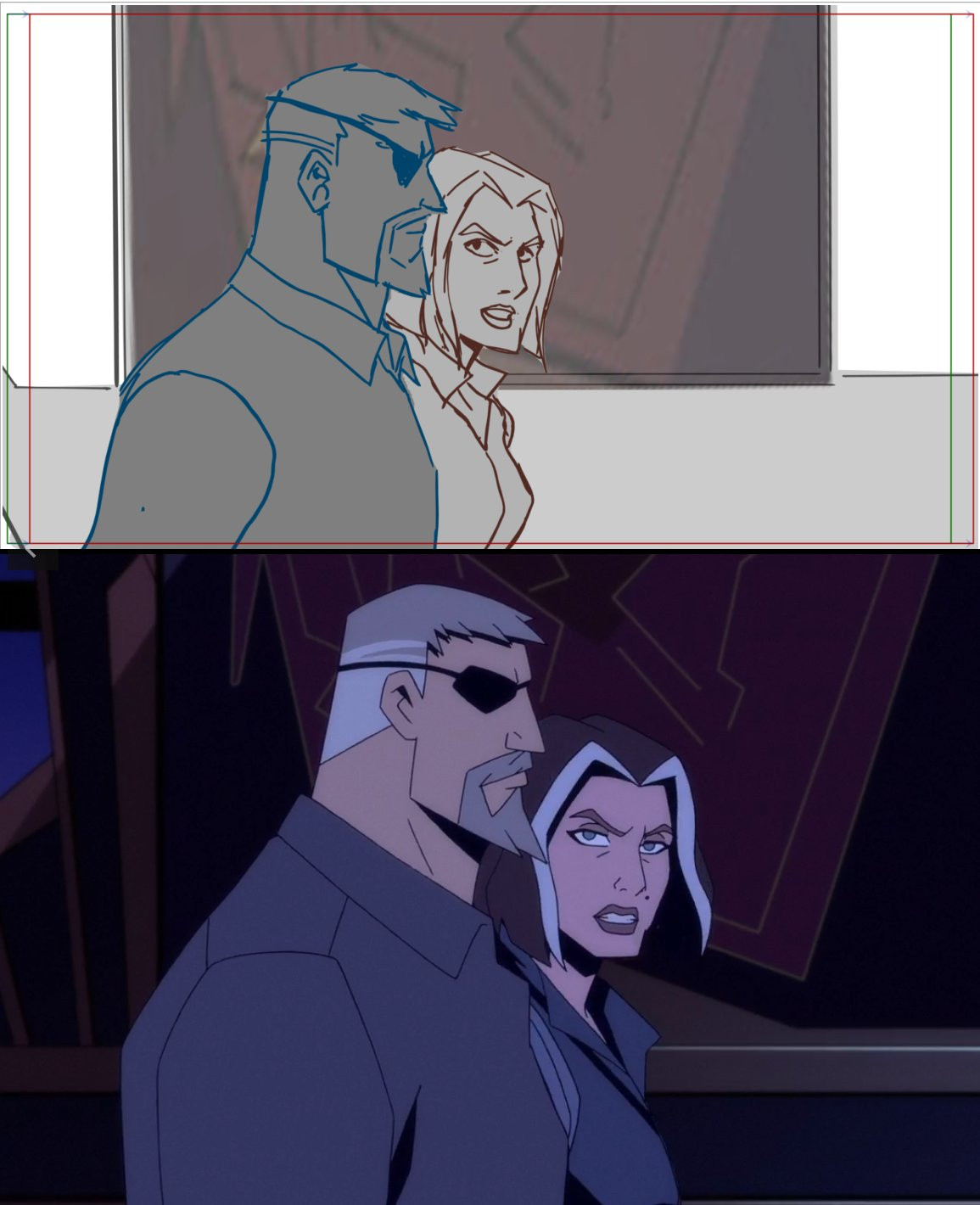 Storyboard panel of Wade Wilson and his wife Andrea above the same scene in Death Stroke: Knights and Dragons 