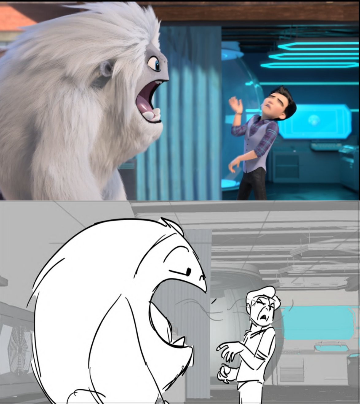 Storyboard Panel of Everest opening his mouth in front of Jin who is wincing from his bad breath. The shot above it is the finished scene. 