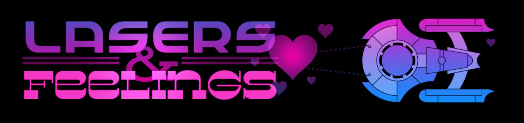 Lasers & Feelings banner in pink and purple featuring a spaceship and some hearts.