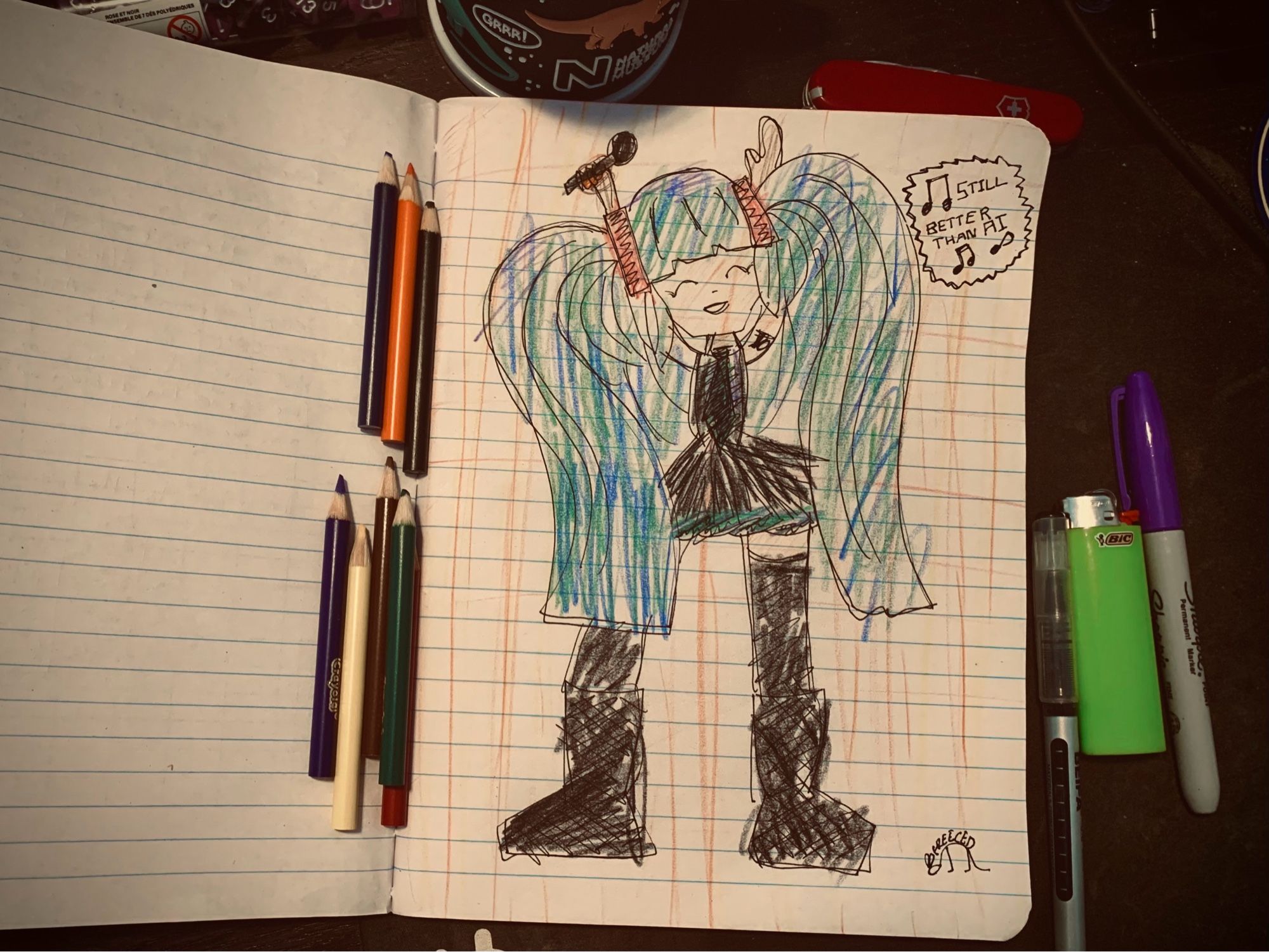 a scuff notebook sketch of hatsune miku done in pen and colored pencil