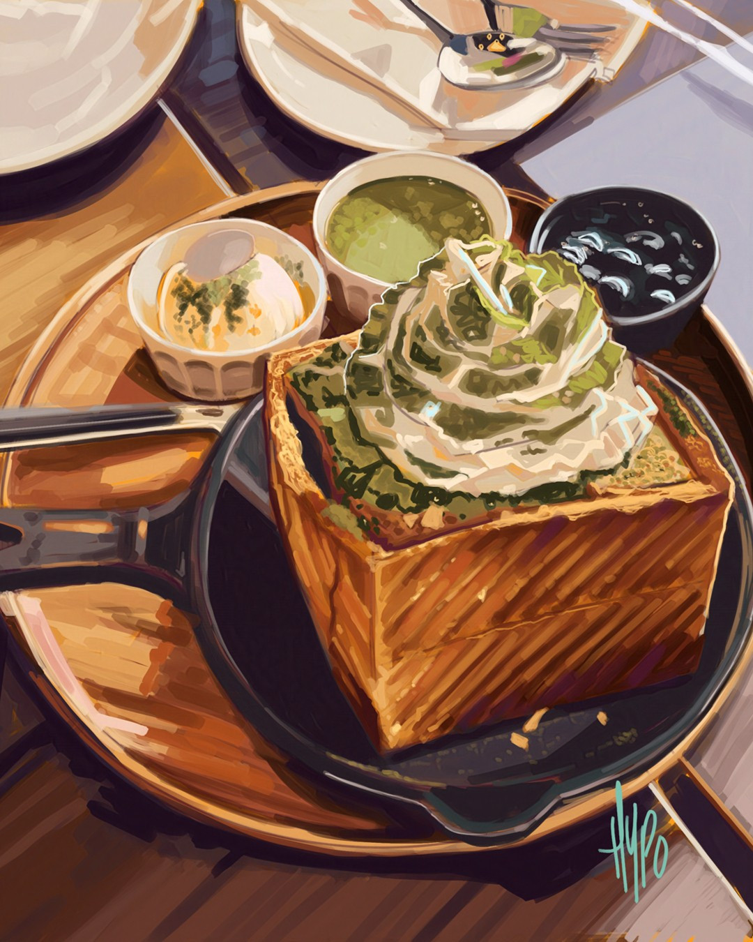 a painting of japanese brick toast topped with matcha powder and whipped cream, sitting on a small pan on top of a wooden plate. accompanying the dessert are a small scoop of ice cream, matcha syrup and honey boba in three separate ramekins