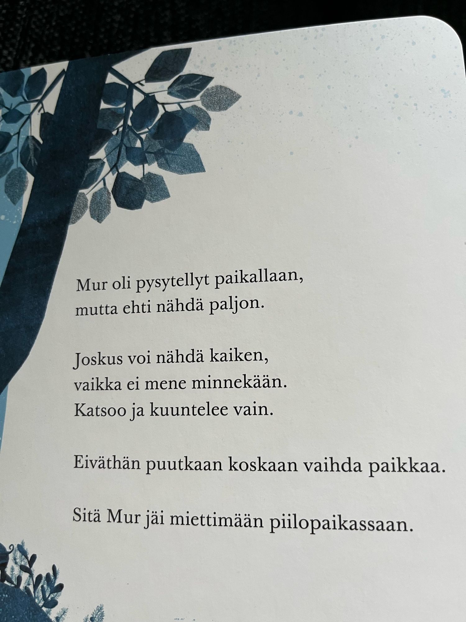 Mur oli pysytellyt paikallaan,
mutta ehti nähda paljon.

Joskus voi nähdä kaiken,
vaikka ei mene minnekään.
Katsoo ja kuuntelee vain.

Eiväthän puutkaan koskaan vaihda paikkaa.

Sitä Mur jäi miettimään piilopaikassaan.