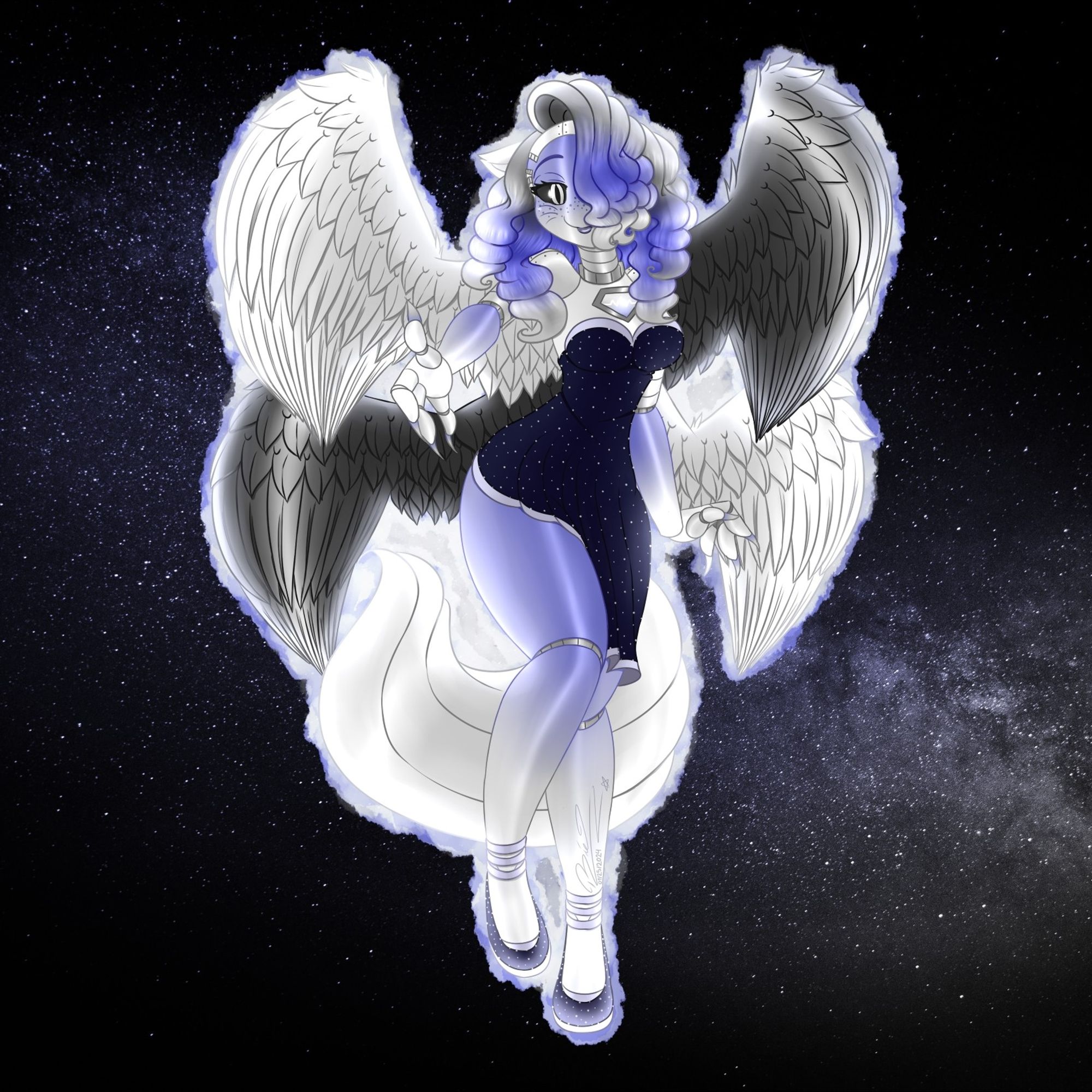 True Crystal -- An awakened form of hers that is unleashed once she channels spiritual energy in her vessel.

She has one set of black wings, and white wings -- along with one black eye, and one white eye (which is hidden behind her bangs). Those features represent her dark and light side -- which she combines to become a symbol of balance.