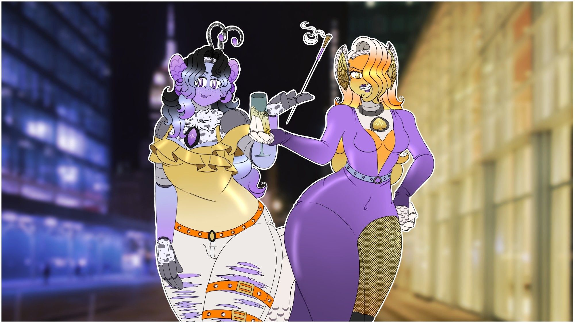 Oc Art (widescreen version) -- Characters (left to right): Aria Grace and Valyrie Faith (@elethra.bsky.social's Oc).

A pic of the two Golden Girls -- taking a stroll down the city at night as they strut their stuff while rocking each other's colors.