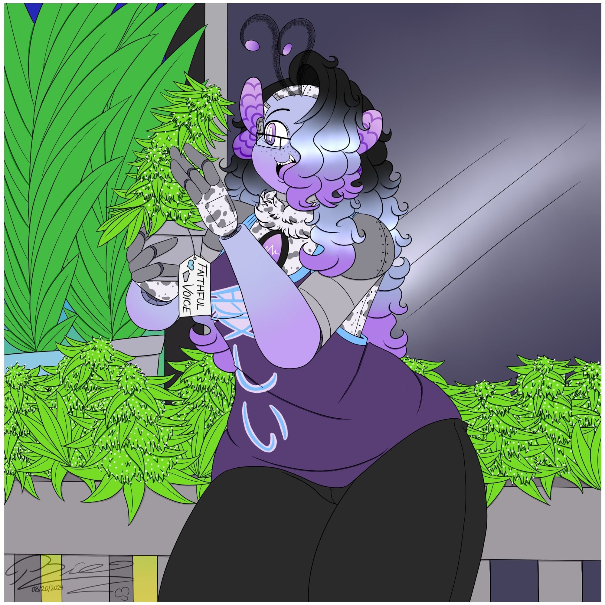 Oc Art -- Character: Aria Grace.

A simple picture of Aria the Botanist -- tending to her cannabis plants that she bred herself named "Faithful Voice" -- named after the two droids she deeply cherishes.

The word on her shirt is "beloved" in Japanese.