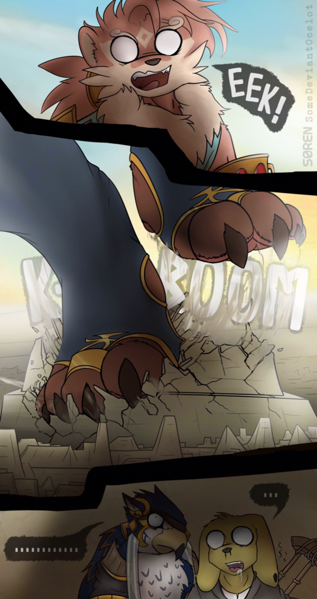 A giant male otter (Otter from Housamo), standing on a stepped pyramid, tumbling down as he loses balance, while a falcon (Horus from Housamo) and a dog (Leon) look up at him. Panel 1: Otter, shocked: "EEK!". Panel 2: Otter's feet crushing the pyramid, falling with a huge KA-BOOM. Panel 3: Horus, shocked: "............" Leon, drooling: "..."