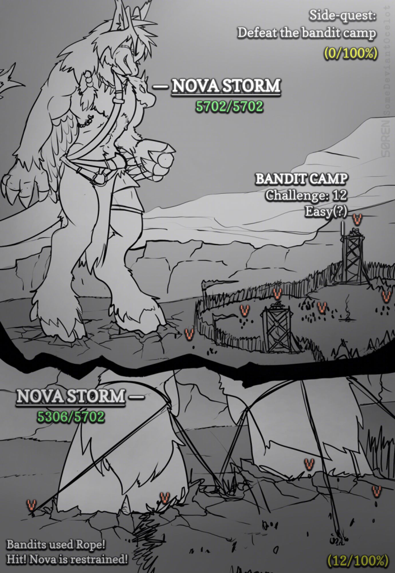 Panel 1: Sketch of an exotic winged species (Nova), as a macro barbarian, on a craggy landscape, in front of a bandit camp, smirking evily while stoping inside. Panel 2: Nova's hooves tied up by ropes thrown by the bandits.