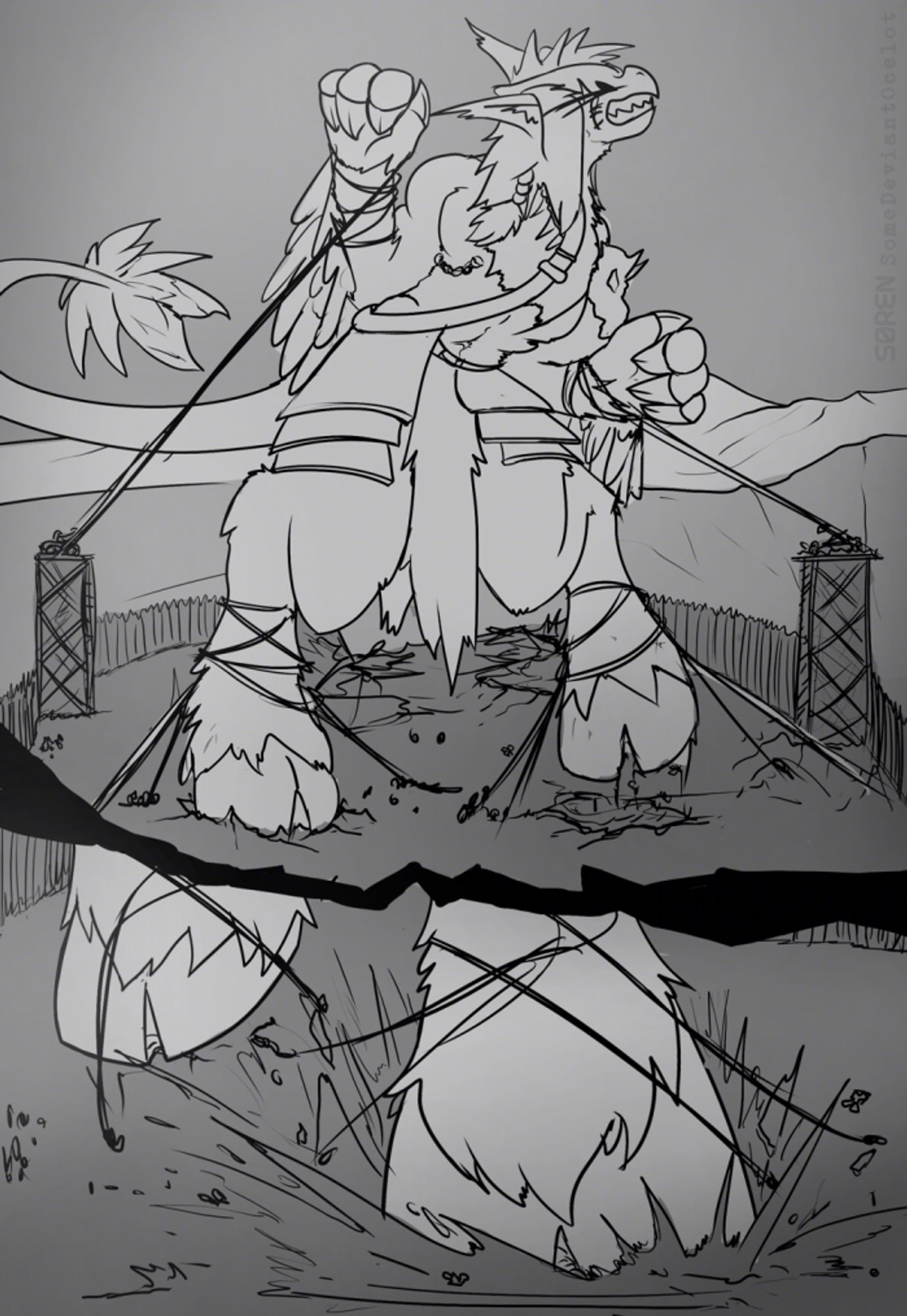 Panel 1: Sketch of an exotic winged species (Nova), as a macro barbarian, on a craggy landscape, inside a bandit camp, restrained in all limbs by ropes thrown by them. Panel 2: Nova's hooves stomping down, cracking the earth.