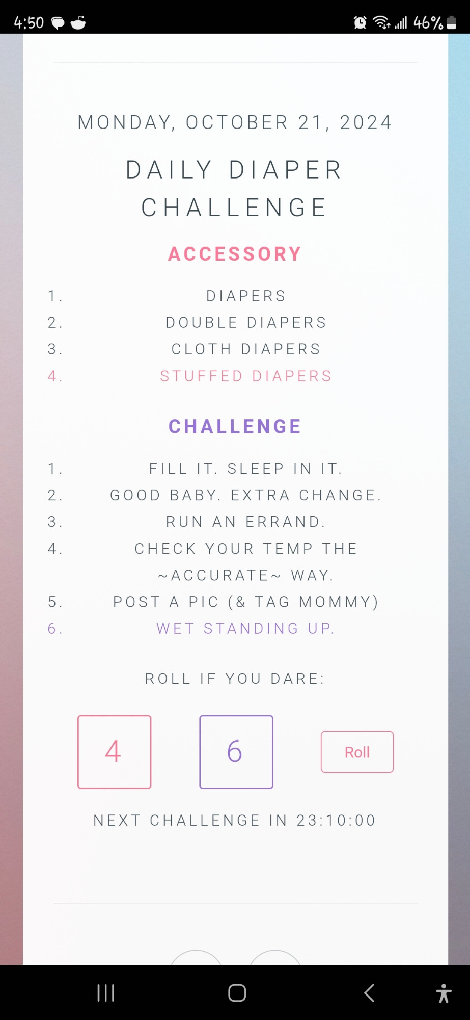 Tomorrow's challenge 10/21. Stuffed diaper and wet while standing.