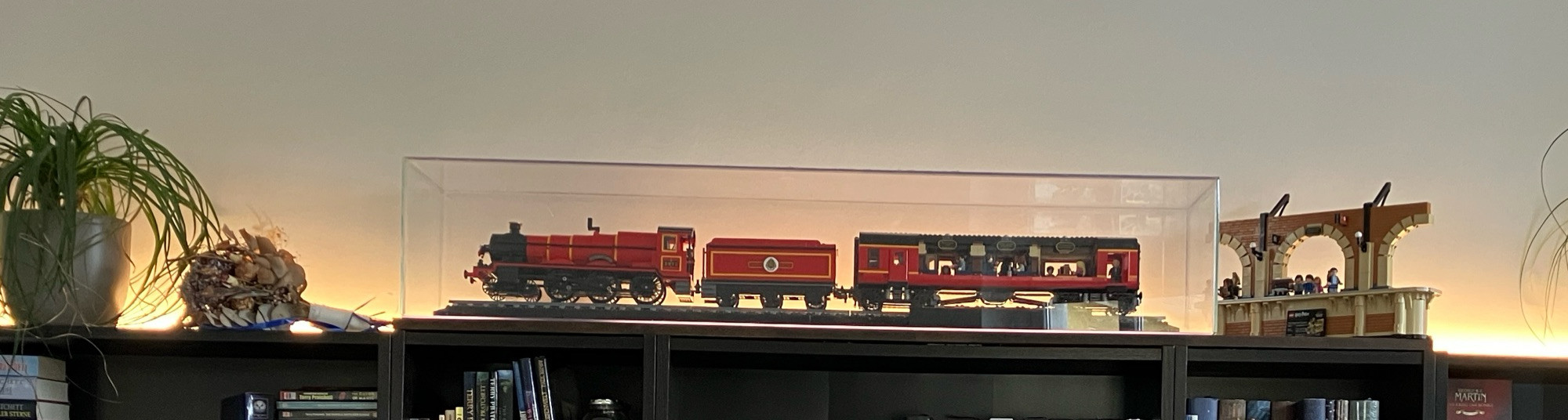 Der Hogwarts Express Zug von Lego von der Seite fotografiert, man sieht der roten Zug, Kohletender und Personenwagen. Sehr im Hintergrund, der Bahnsteig. Alles platziert auf dem Bücherregal unter einem selbstgebastelten Plexiglas Deckel