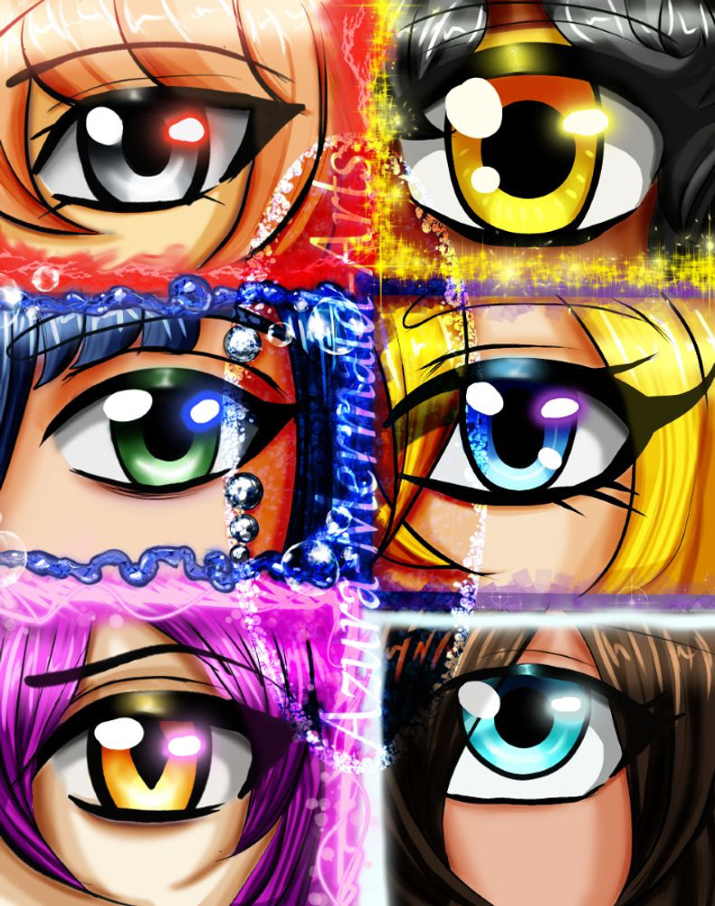 Eye practice with half of the amulet bearers, characters of mine, showing new specks of colors in their eyes matching the gems of the amulets

(Upper left- Naomi, red Upper right- Audrey, yellow, Middle left - Diana, dark blue, Middle Right - Mayumi, violet, Lower Left- Orchid, pink, Lower Right- Rain, white)