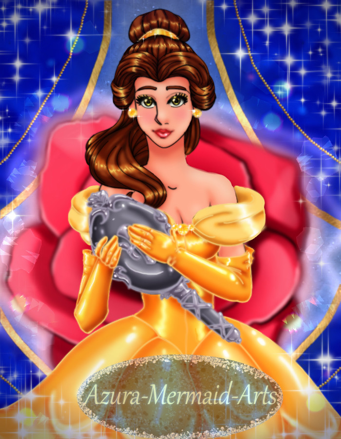 Fanart of Belle from Disney’s animated Beauty and the Beast, holding the magic mirror, and a large rose in the background