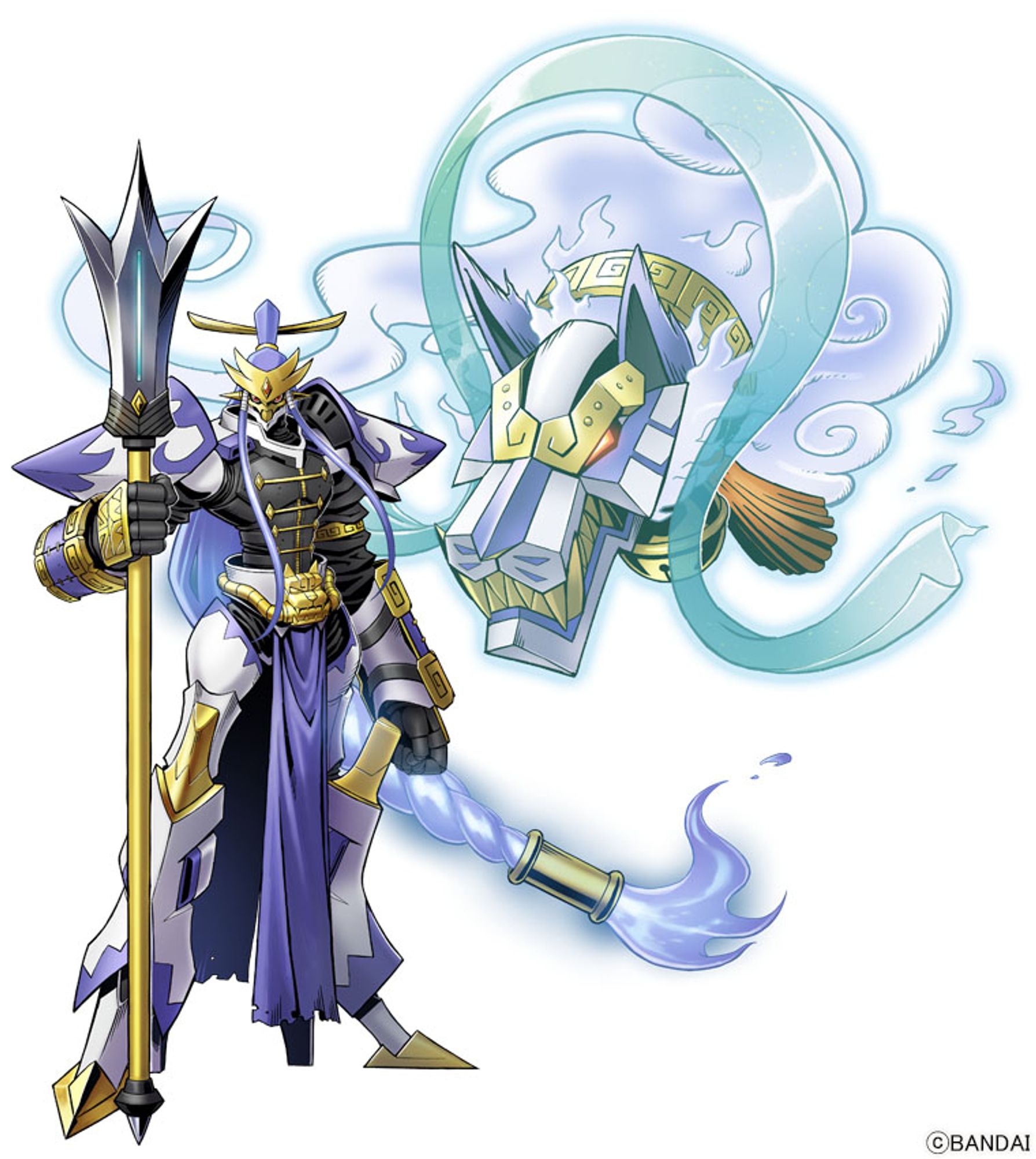 Bandai's art of Erlangmon, a white, blue, and gold armored knight holding a three-pronged spear. A disembodied armored dog head lurks behind him.