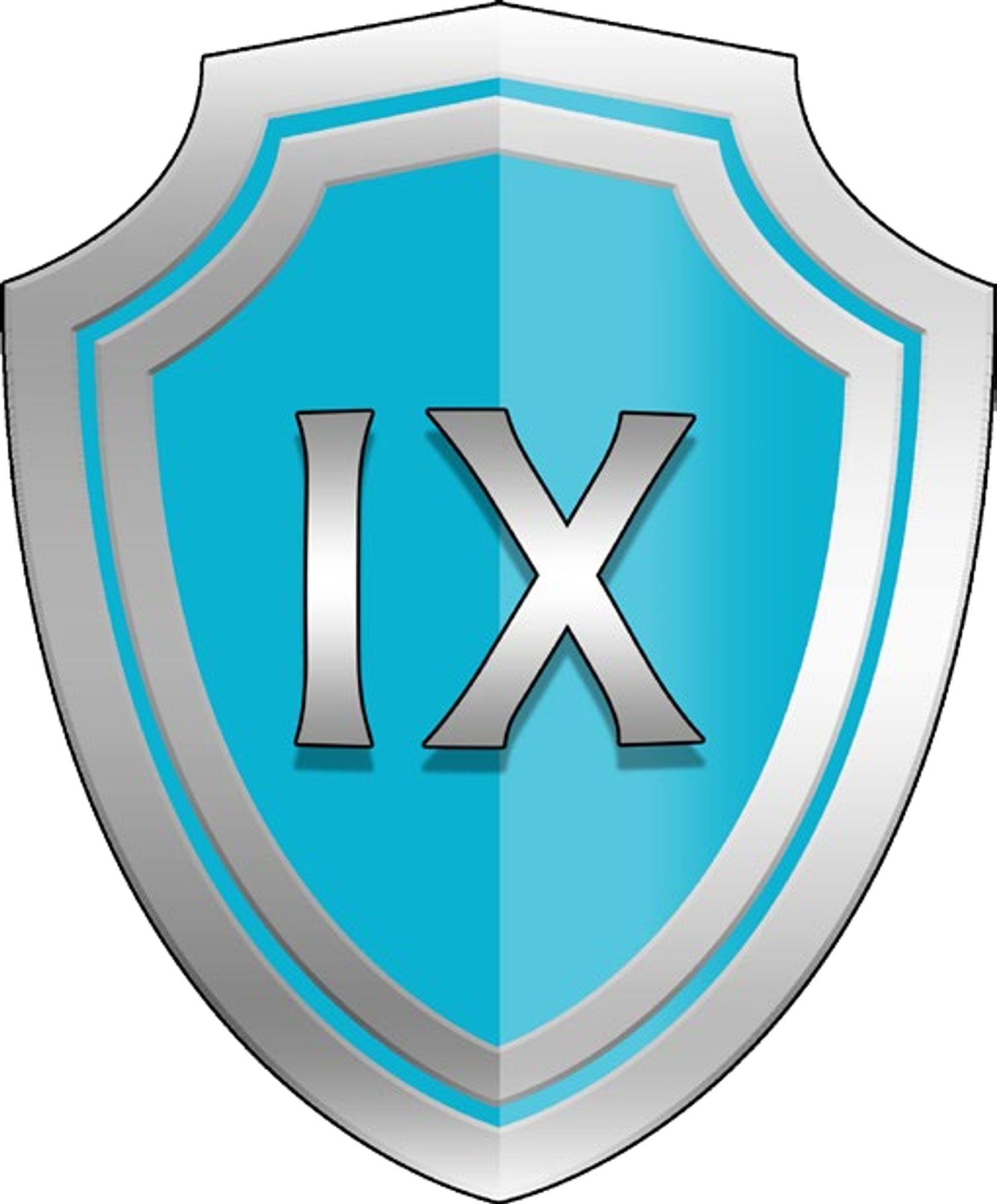 A white-and-turquoise shield shape with "IX" emblazoned in the middle.