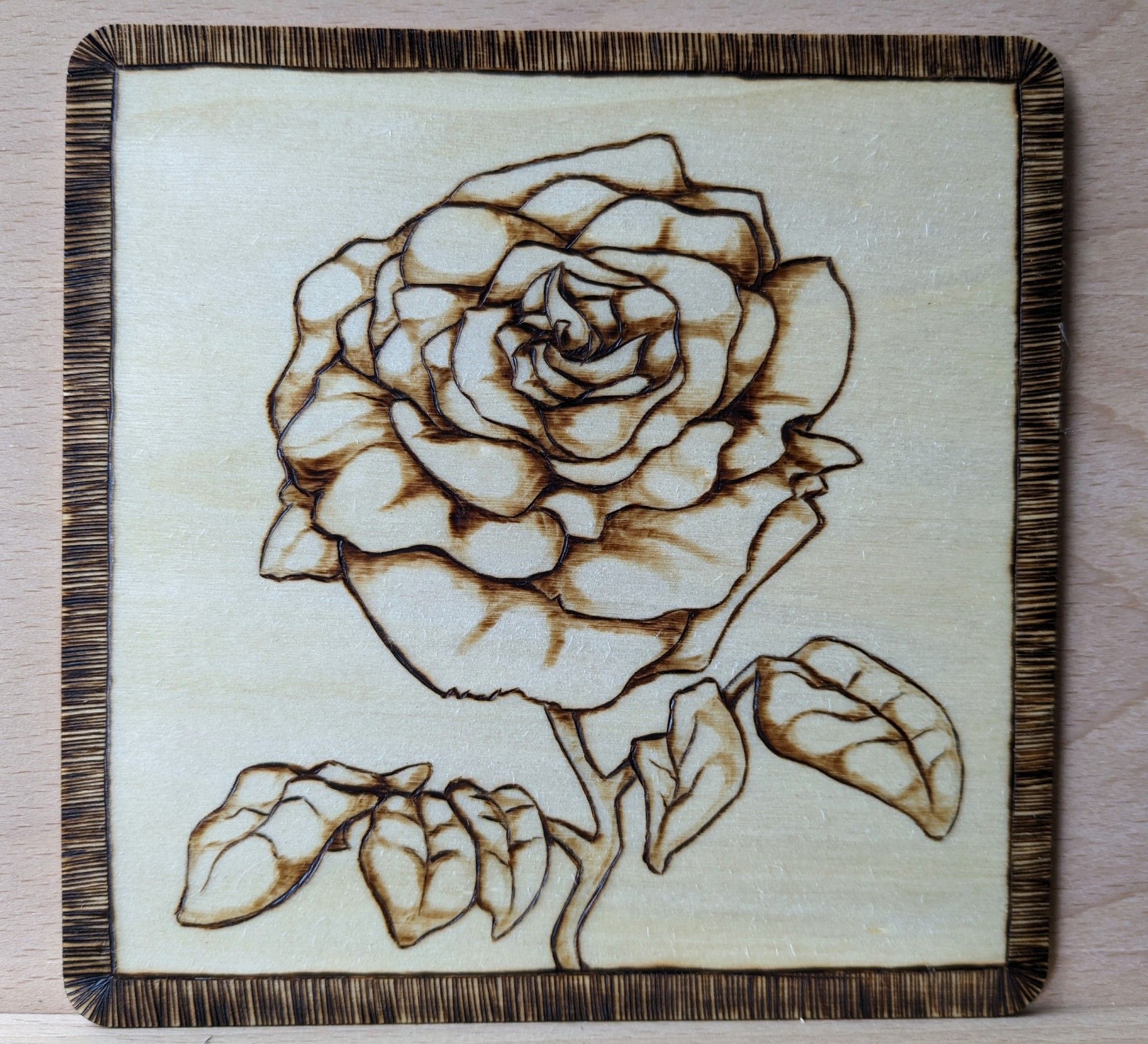 A piece of pyrography with a rose and leaves and a dark border, shaded lightly, and varnished in Danish oil.