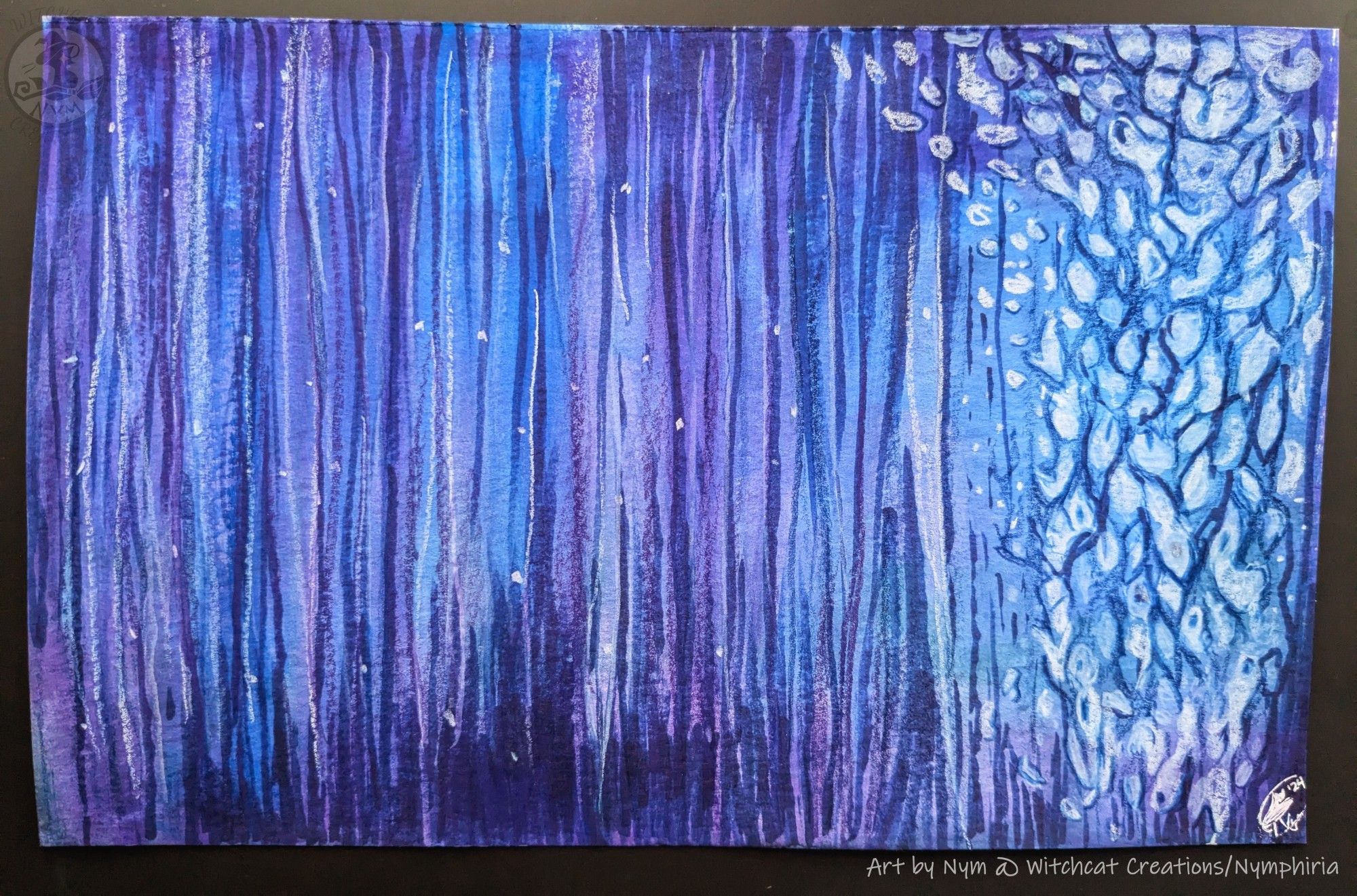 a traditional art mixed media piece of a styled scene of water and bubbles coming up from underneath on the right side