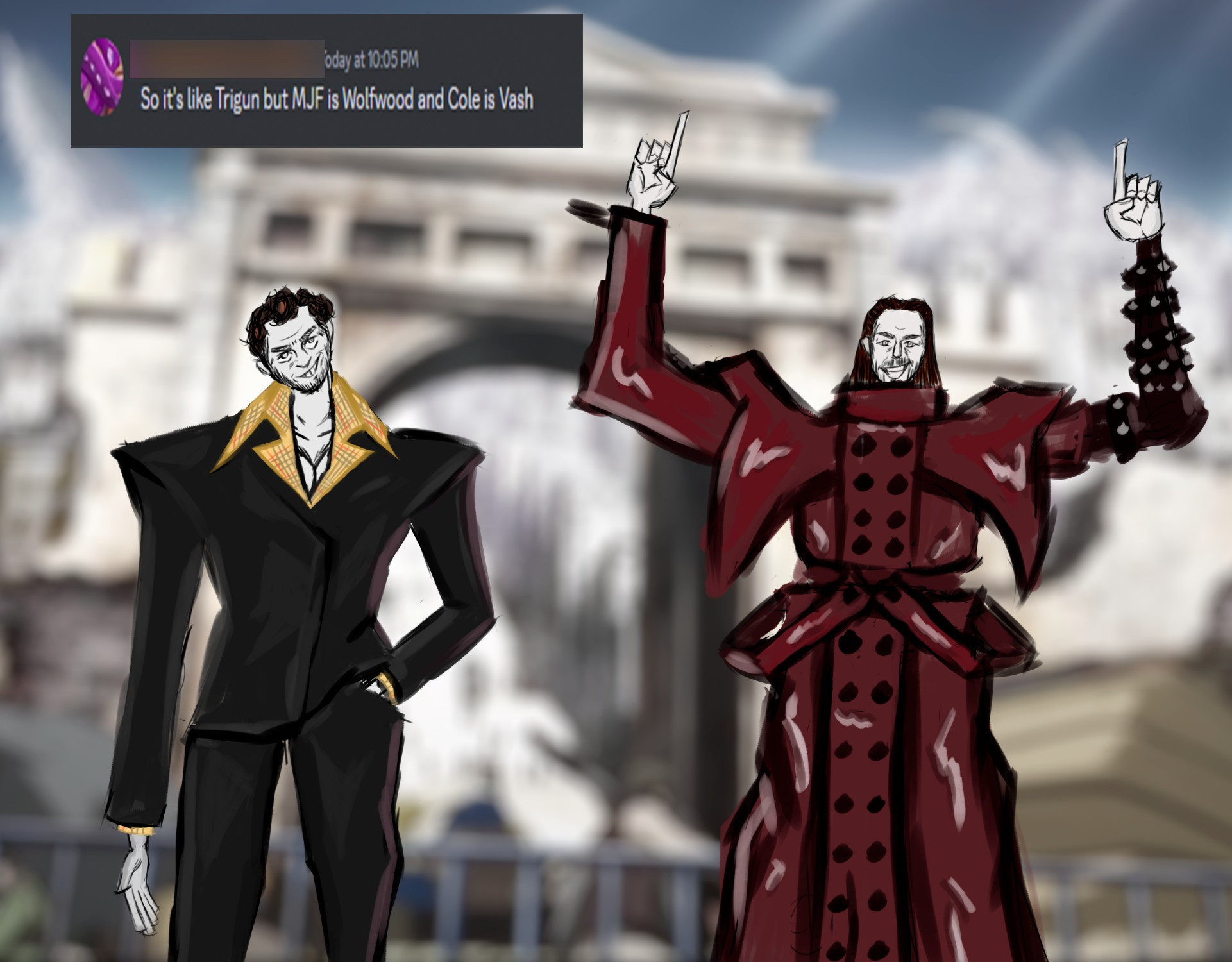 AEW wrestlers Adam Cole and MJF wearing the outfits of Vash the Stampede and Nick Wolfwood from Yasuhiro Nightow's Trigun, a discord message in the upper right corner reads "so it's like Trigun but MJF is Wolfwood and Cole is Vash"