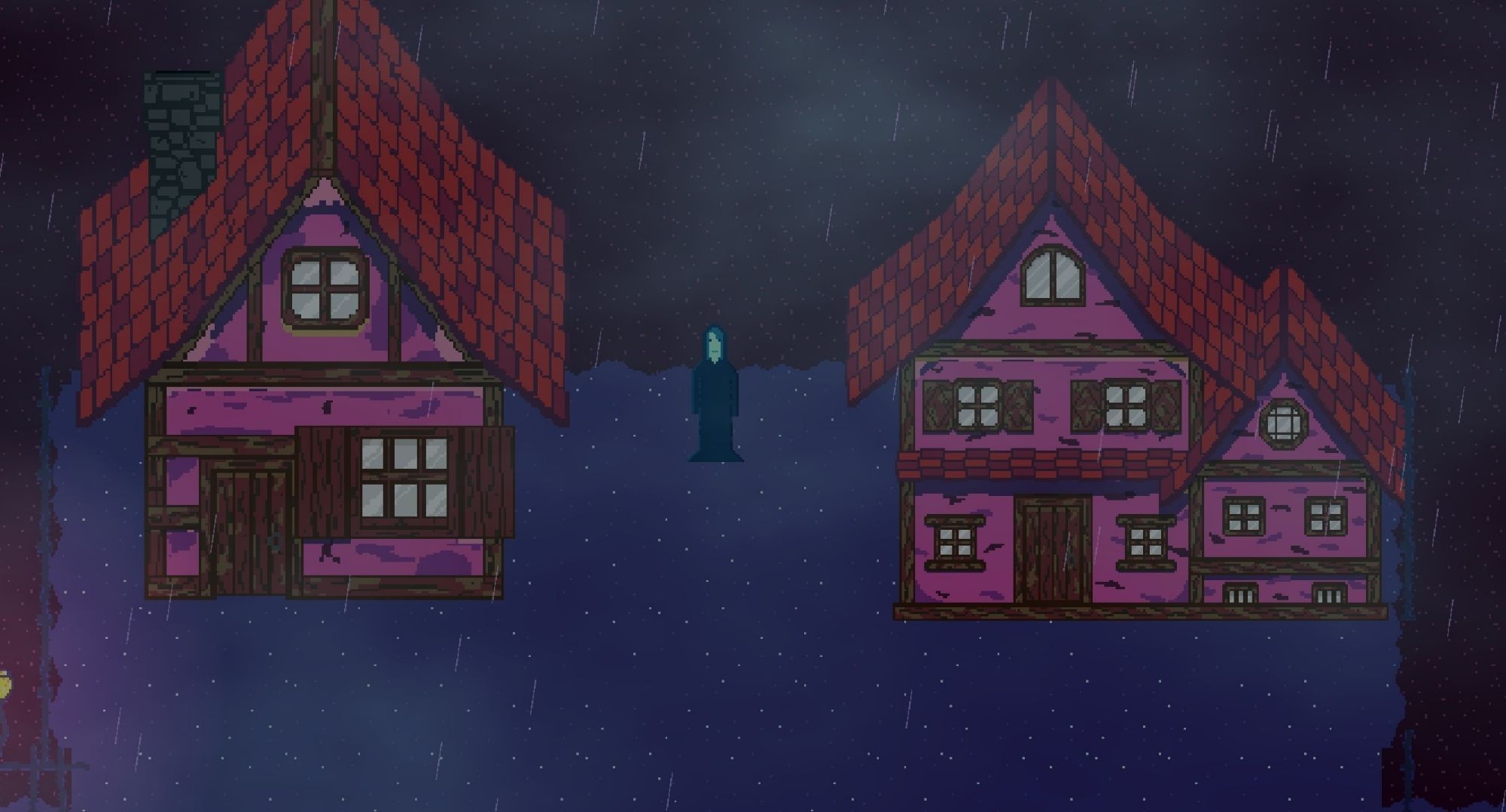 Two buildings in Grimm's Briar with Artem standing between them. Pixel art style