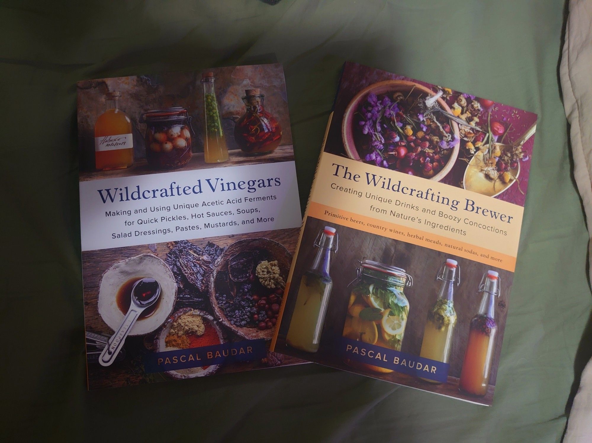 A photograph of two new editions to my personal library: Wildcrafted Vinegars, and The Wildcrafting Brewer, both by Pascal Baudar. The vibrant covers of the book feature bowls of berries and herbs, and shelves of layered concoctions in glass jars.