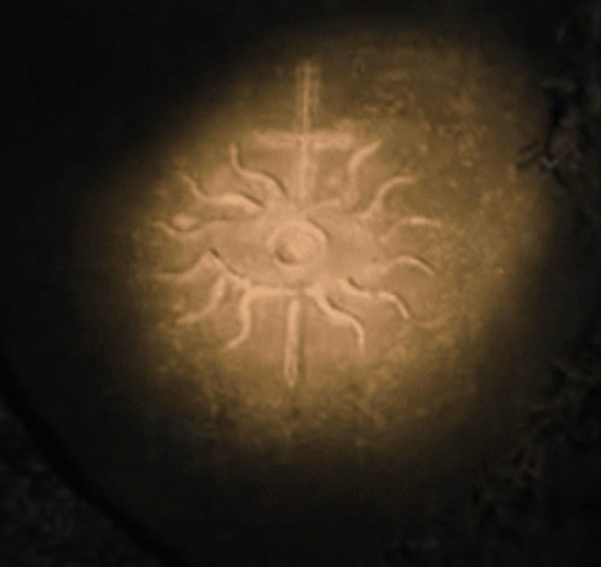 The logo of the inquisition from Dragon Age: Inquisition carved into stoke by some production team member for the film The Pope’s Exorcist