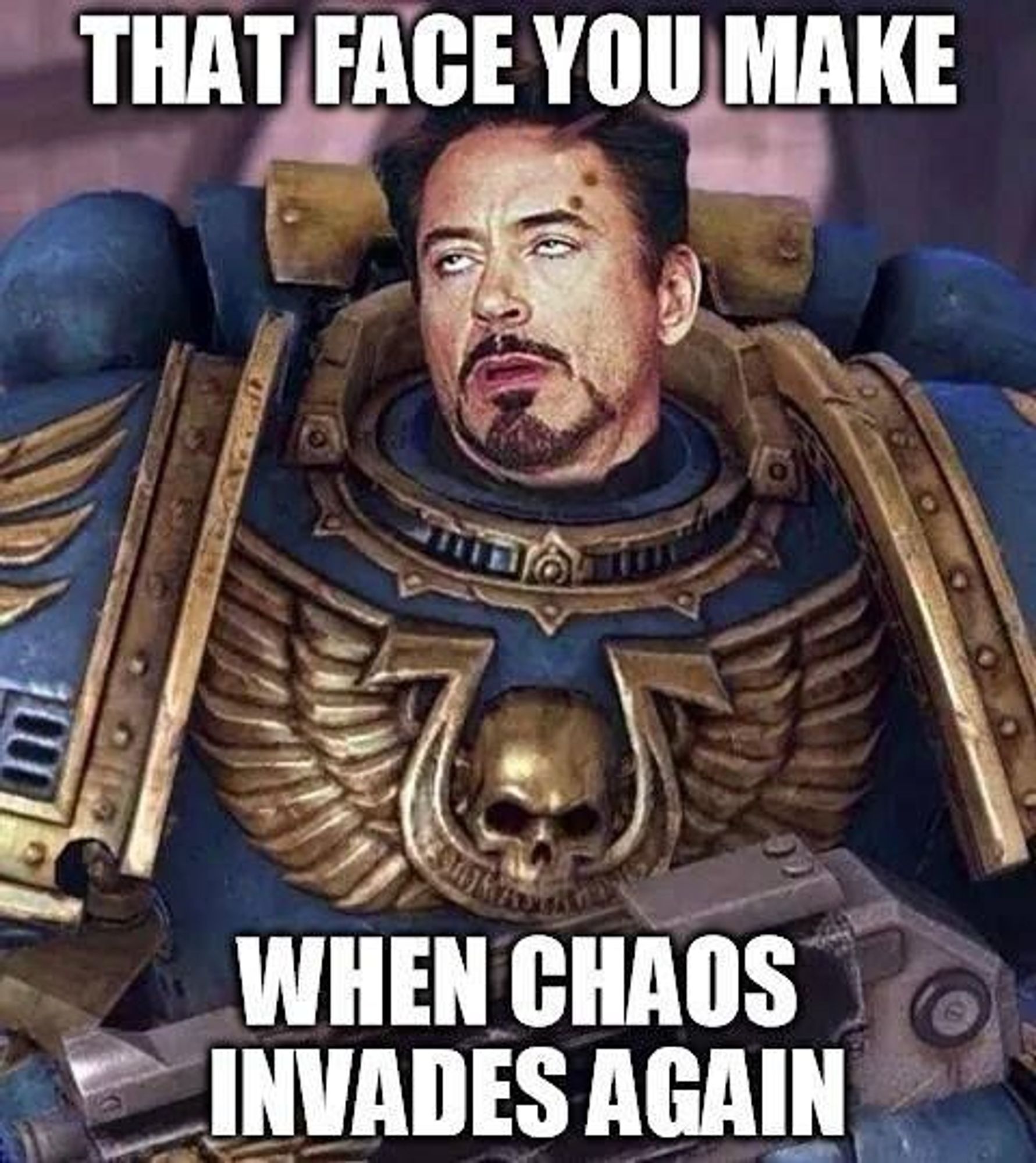 Tony Stack face rolling his eyes pasted in an War Hammer Ultra-marine.
Top Captions: That face you make
Bottom Captions: When Chaos Invades Again