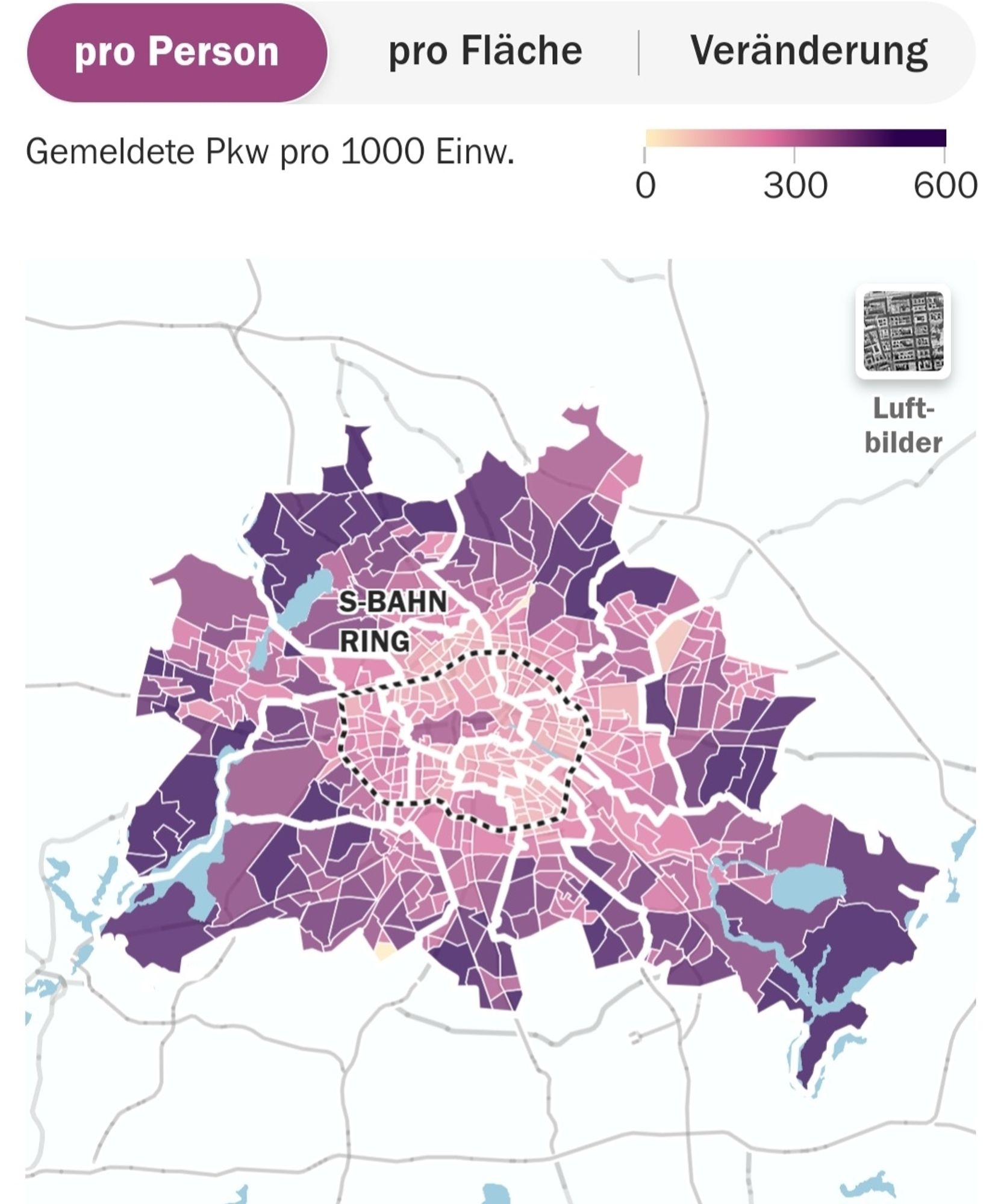 Grafik von Berlin: 
Gemeldete Pkw pro 1000 Einw. pro Person.
Daten: Amt für Statistik Berlin-Brandenburg Kartenbasis: OpenMapTiles OpenStreetMap contributors