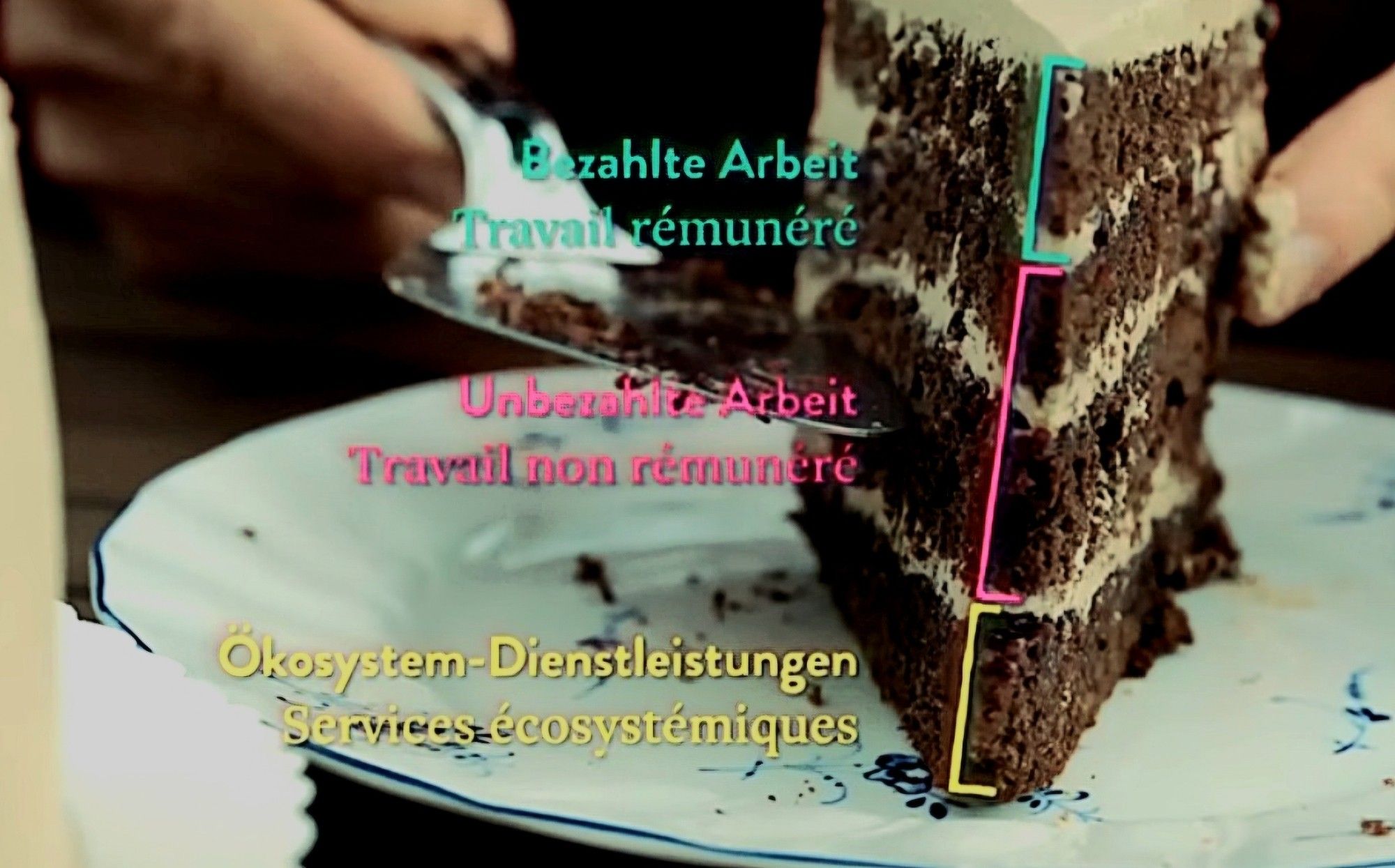 Teller mit Torte die die Verhältnisse von bezahlter, unbezahlter und Ökosystemsdienstleistungen zeigt.
Screenshot Quelle : 
https://youtu.be/2Kl69bWbXnY?si=WV0KV0Z3PjN4Eev4