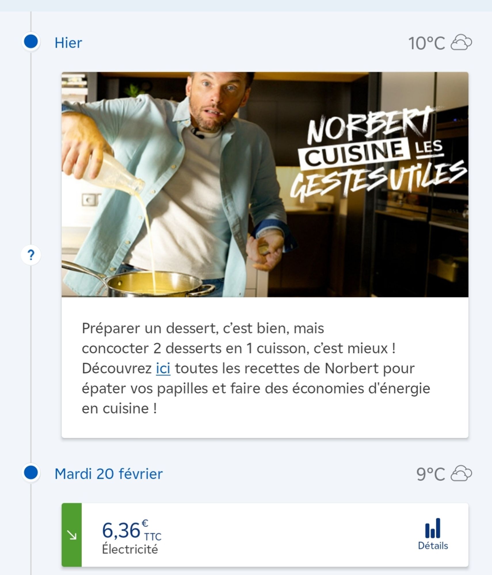 Capture d'écran de l'appli EDF où une annonce invite à faire des économies d'énergie par des "gestes utiles", notamment en cuisine, en utilisant l'image du cuisinier-personnalitéTV Norbert.