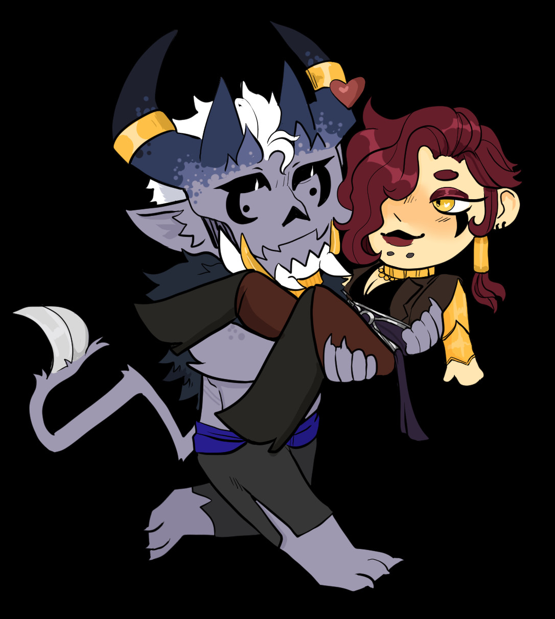 a chibi of two characters. aratron is depicted as a blue demon with dark blue horns and short white hair. His jaw is made of bone and decorated with cold and he wears only a pair of pants and a fur mantle cloak. He is holding his wife, Aconite. She has red hair that has been parted to cover part of her face. She has one visible gold eye that has red mascara and a matching tattoo to Aratron's. She is smiling at her husband. They seem to be absconding away. 