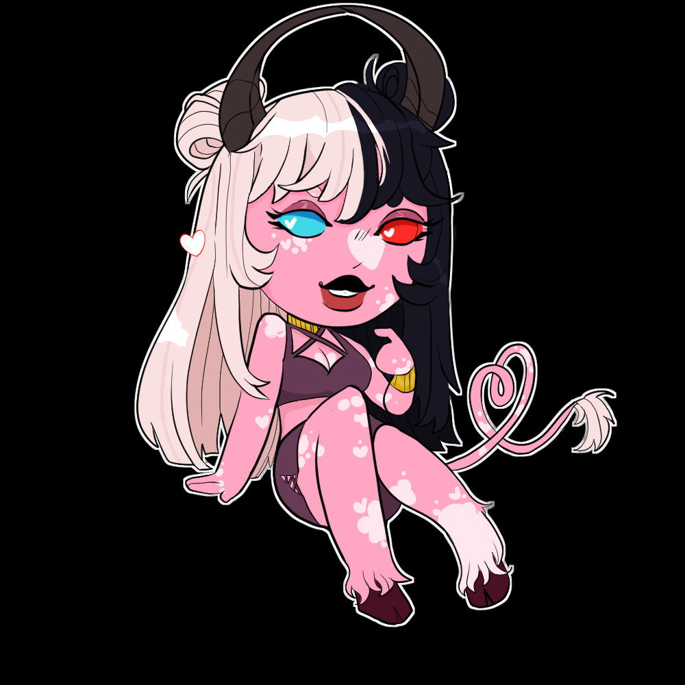 a chibi (simplified drawing of a character) of holy, a pink tiefling. She is smiling at the viewer. She is pink with white vitiligo that is shaped in small hearts. Her horns form a circle, kind of like a halo and her tail is curled to the side so that it forms a heart. She is bi colored hair, one side is white and the other is black and it's split down the middle. She also has heterochromia, one eye is blue and the other is red. 