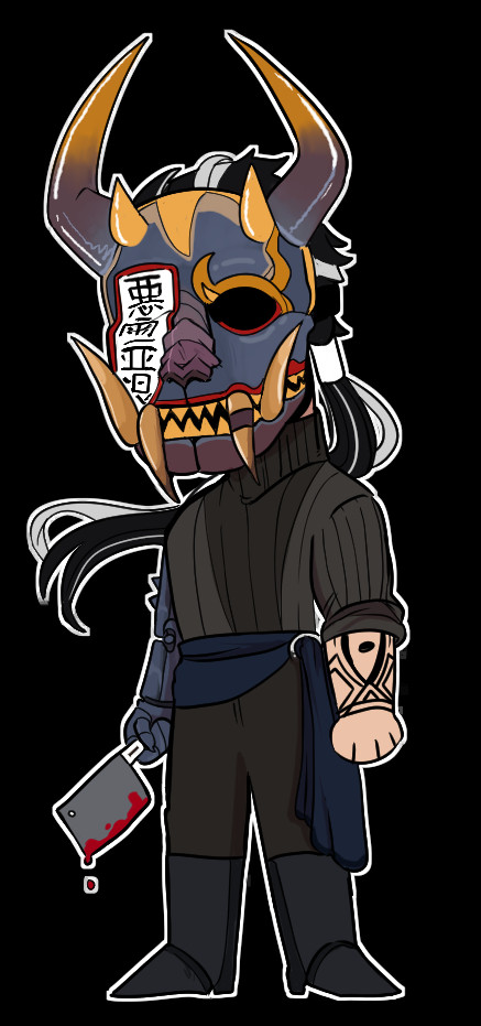 a chibi (simplified small character) of sier, an original character. they are depicted in neutral colored clothes. any facial features is hidden behind a japanese inspired mask that is rimmed with gold features. there is an ofuda tag covering one of the masks eyes with kanji that reads 悪霊 退散 (aku ryou, tai san - demons, disperse). They have black hair in a ponytail, that is streaked with white - showing their age. They hold a tiny cleaver. One of their arms appears to be a prosthetic and the other is heavily tattooed. 