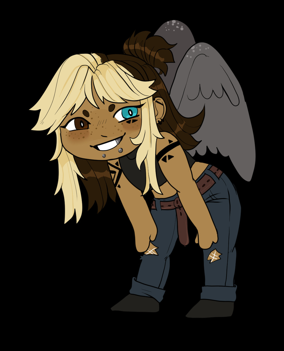 a chibi (simplified drawing of a character) of iscariot, or iz for short. they are a tan individual smiling at the viewer, showing off that one of their teeth is a metal fang. They have brown hair with the bangs dyed blonde. They are wearing ripped jeans and they have grey wings sprouting behind their back. They have geometric tattoos under their eyes, and on the shoulders + upper arms. 