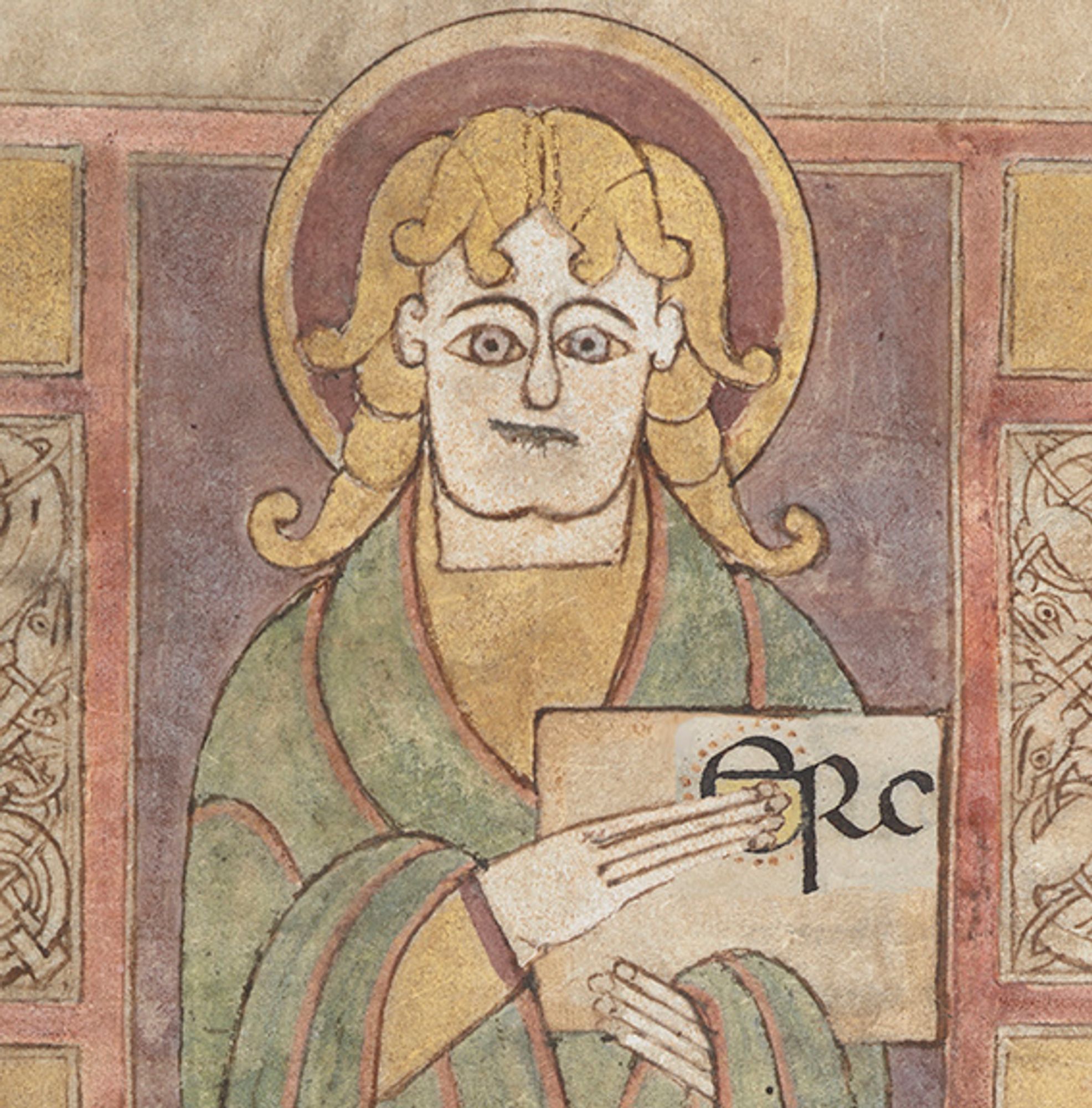 A detail from BL Add MS 40618 f21v showing an illumination of a saint holding a book, with the letters ERC on the cover.