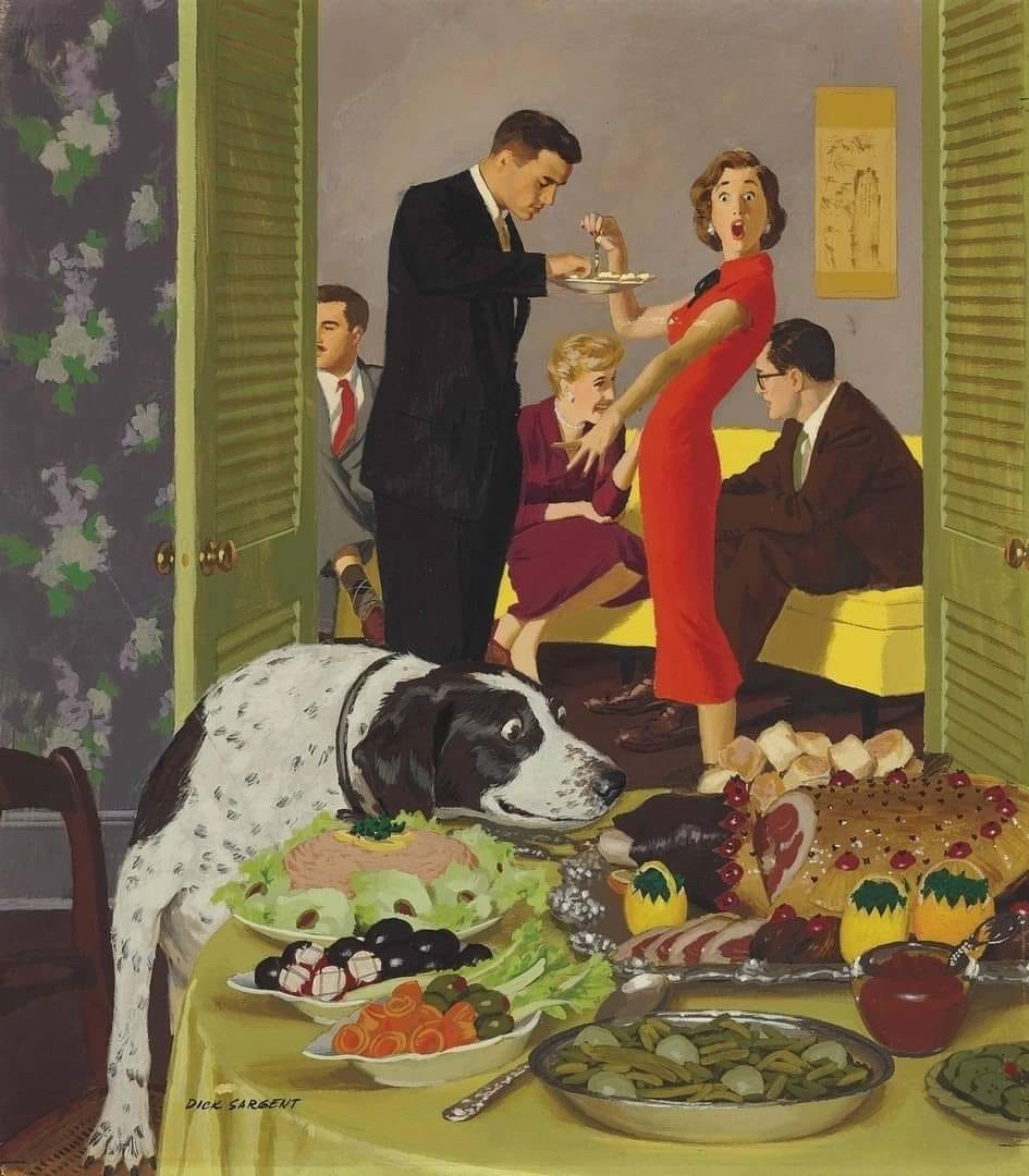 1950s painting of a housewife serving canapés in the background to her guests. She’s looking towards the foreground in shock. In the fore, in another room is a large and meticulous spread of food that hasn’t been touched yet, which the family dog has taken an interest in