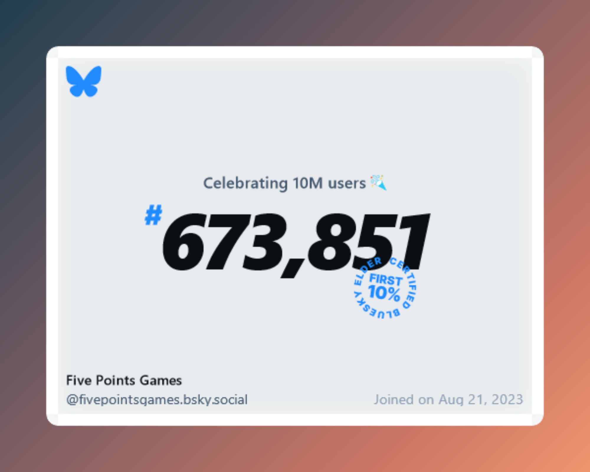 A virtual certificate with text "Celebrating 10M users on Bluesky, #673,851, Five Points Games ‪@fivepointsgames.bsky.social‬, joined on Aug 21, 2023"