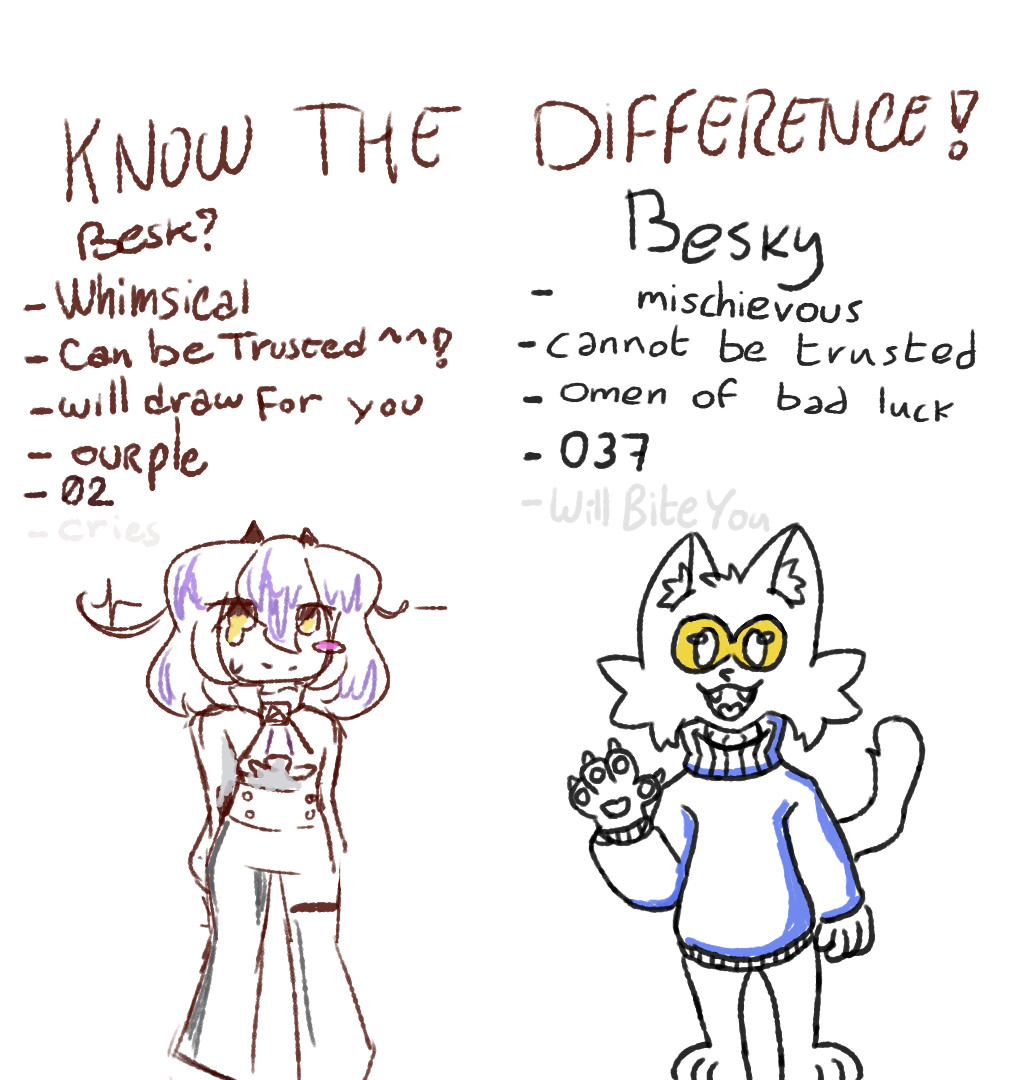 know the difference!
Besk?:
-Whimsical
-Can Be Trusted^^!
-Will Draw For You
-Ourple
-02
(-cries)

Besky:
-Mischievous
-Cannot Be Trusted
-Omen of Bad Luck
-037
(-will bite you)