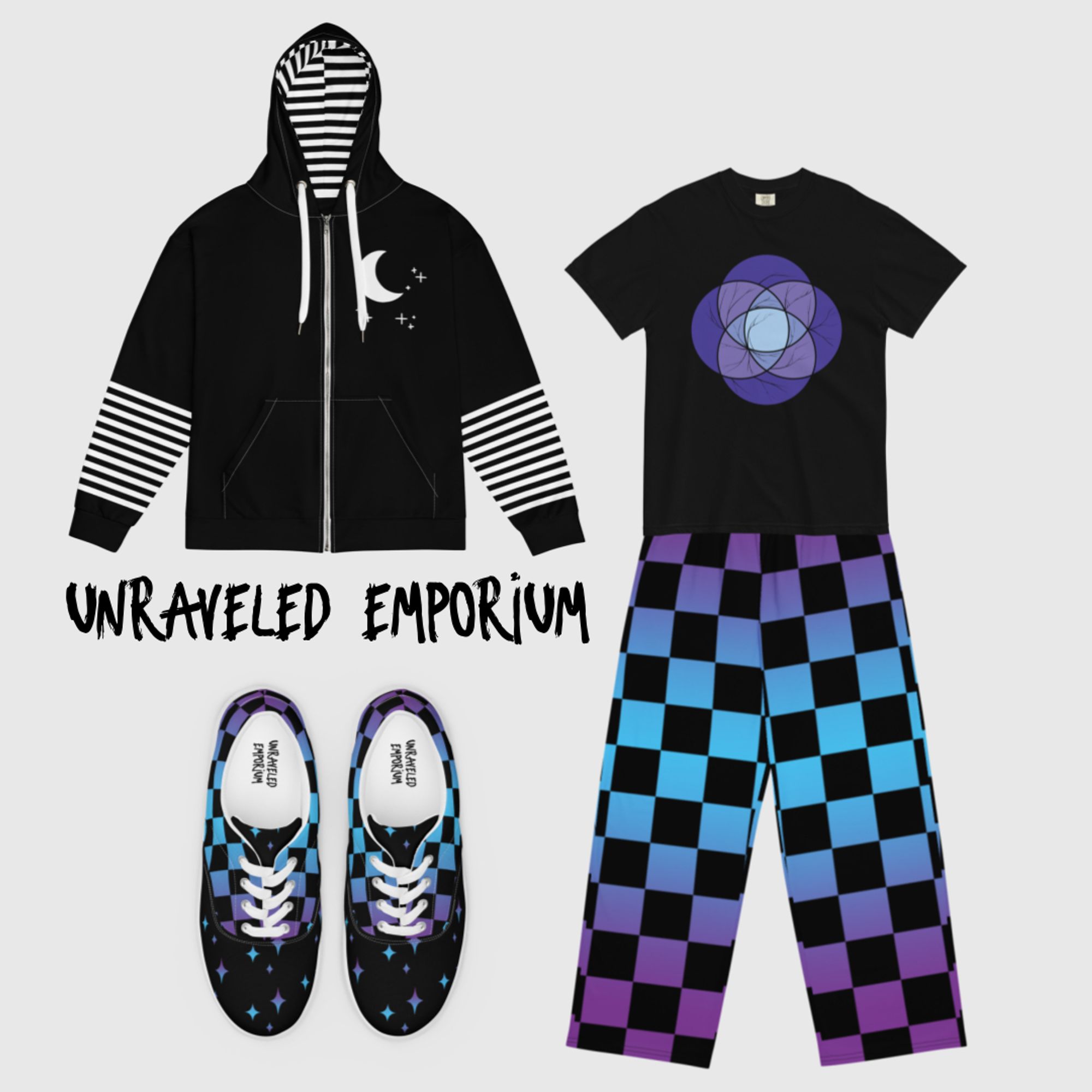 Clothing items. The shoes and pants are colored with blue, purple and black checkers. The hoodie is black and white with stripes, a moon, and stars. The T-shirt is black with a purple plural symbol on it.