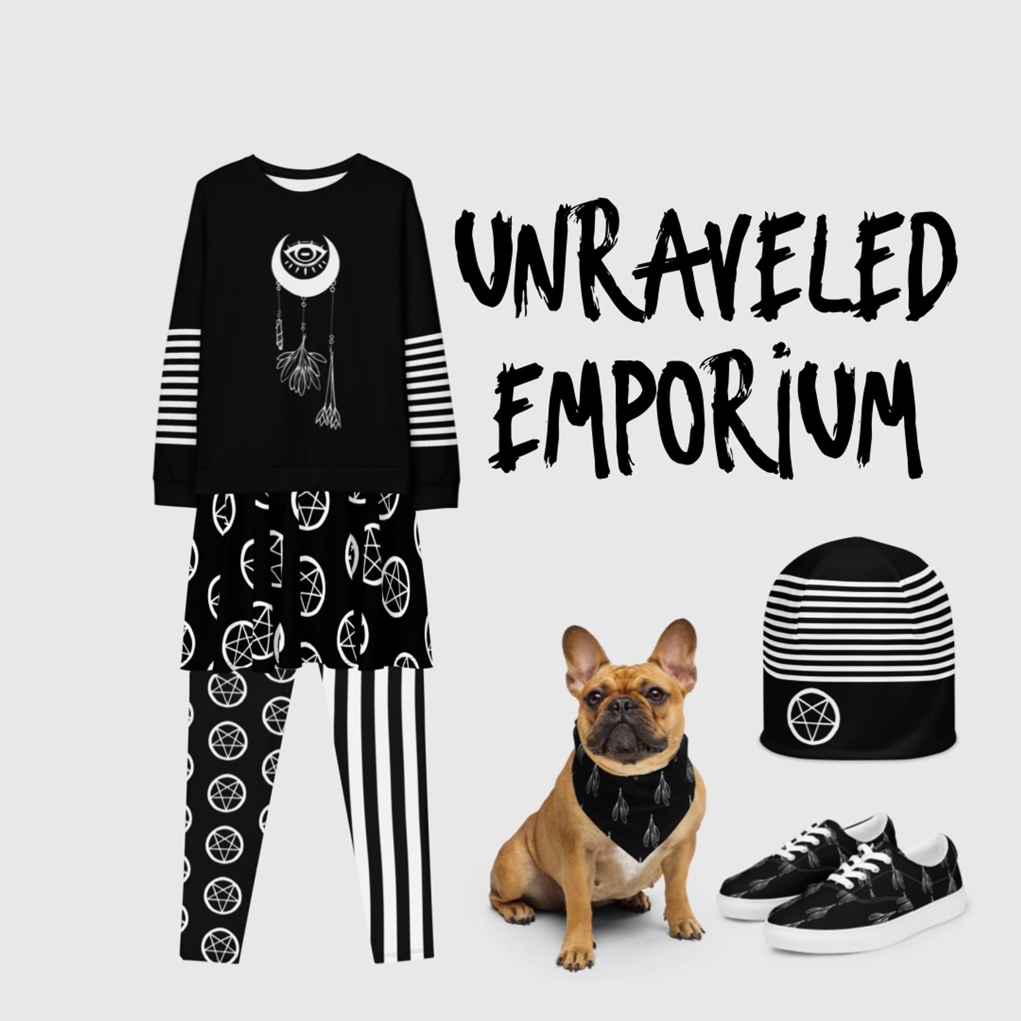 Clothing items in black and white with witchy designs and stripes. There is also a dog wearing a bandana with similar designs on it. Text reads "Unraveled Emporium"