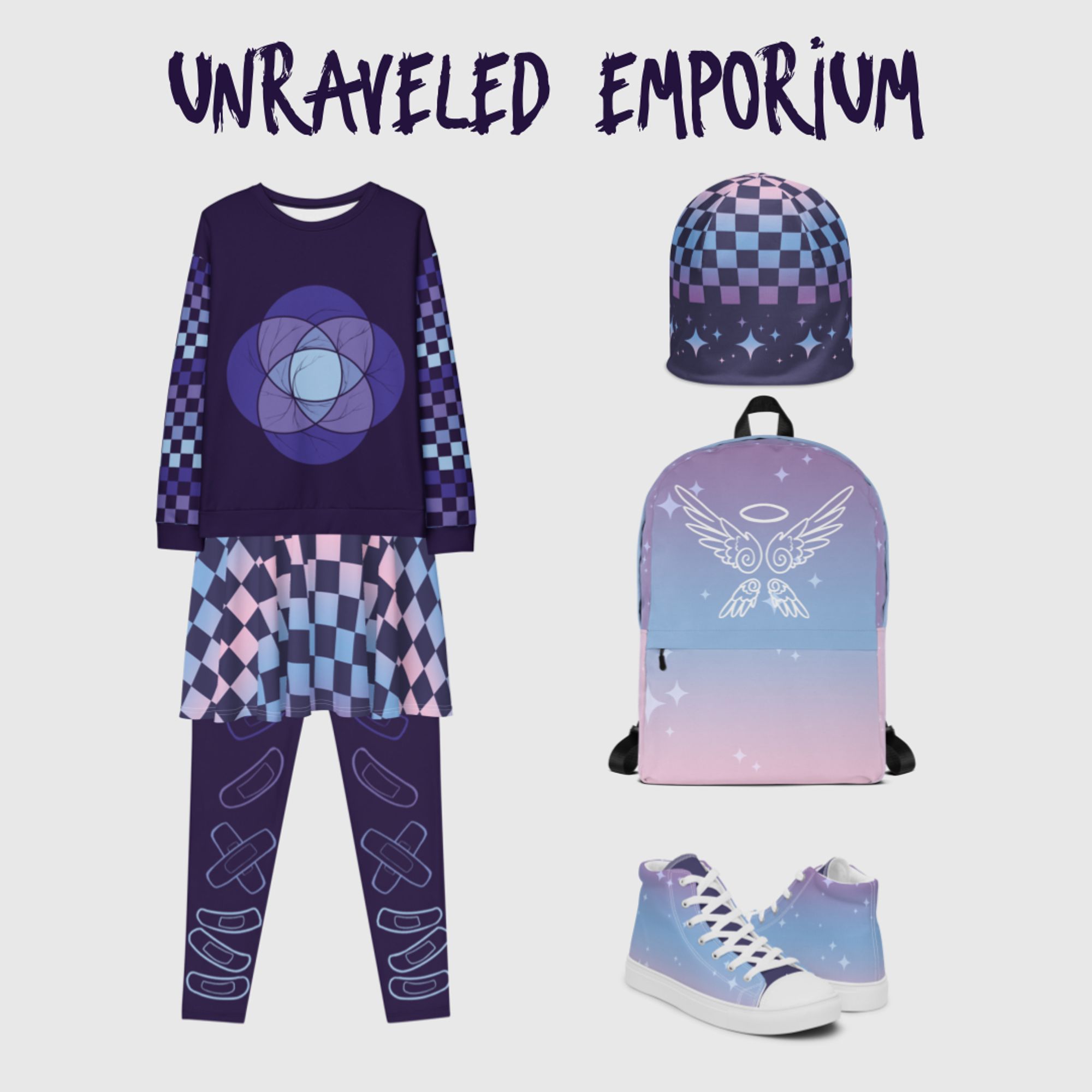 Clothing items. Sweatshirt and leggings are in shades of purple and blue, the sweatshirt featuring a plural symbol and checkers and the leggings featuring bandage drawings. The skirt and hat have pastel checkers on them. The backpack and sneakers have a pastel gradient and original art.