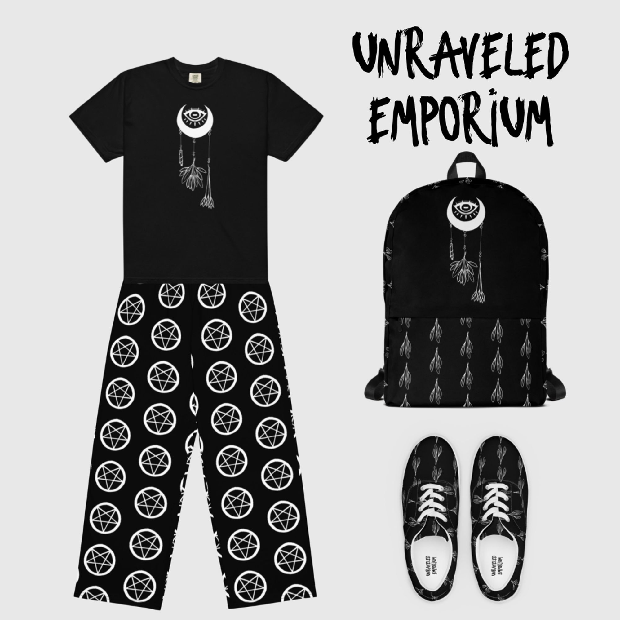 Text reads "Unraveled Emporium." The image is of clothing items printed with witchy designs such as herbs, crystals, moons, and pentagrams.