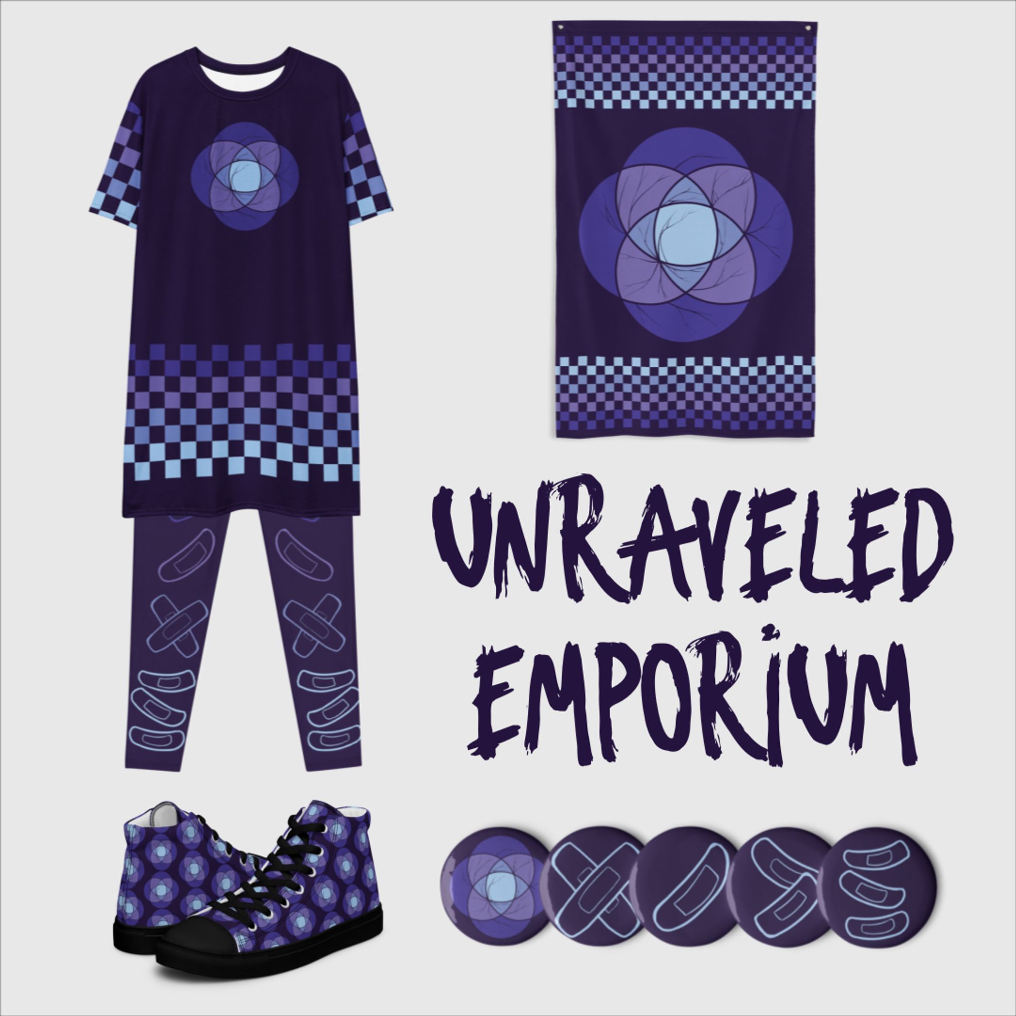 Clothing items in purple and cool blue, as well as a flag and pin set. They all feature checkers, drawn bandage designs, and a plural symbol.