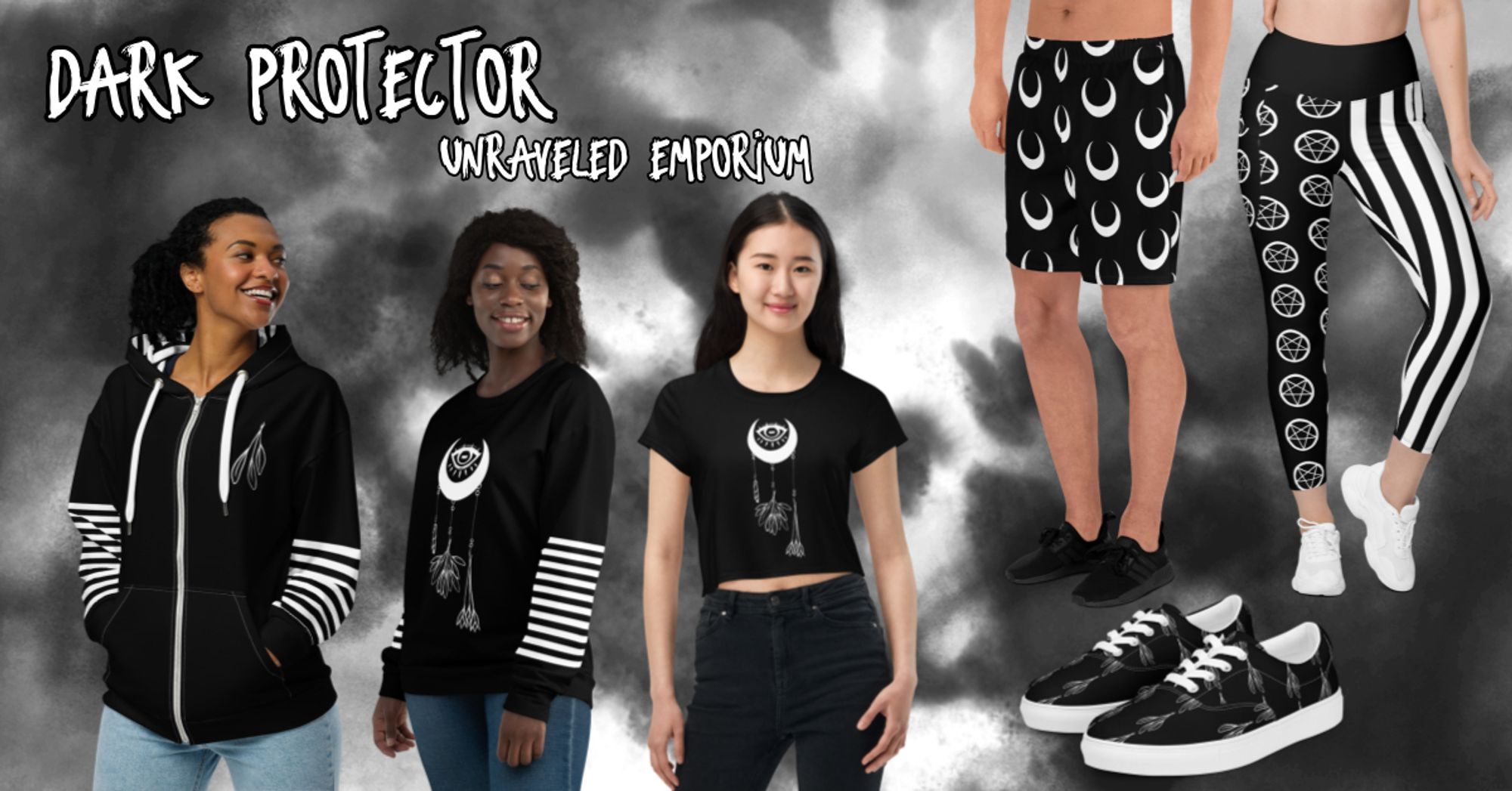 Clothing items in black and white on models. They feature witchy designs and stripes. Text reads "Dark Protector" and "Unraveled Emporium"